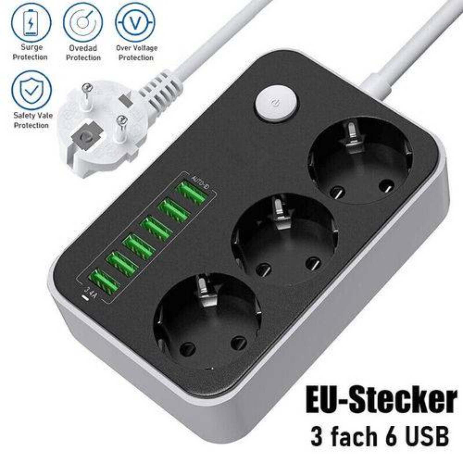 Eine schwarz-weiße Steckdosenleiste mit mehreren Steckdosen und USB-Anschlüssen; hat ein weißes Kabel und einen Stecker.