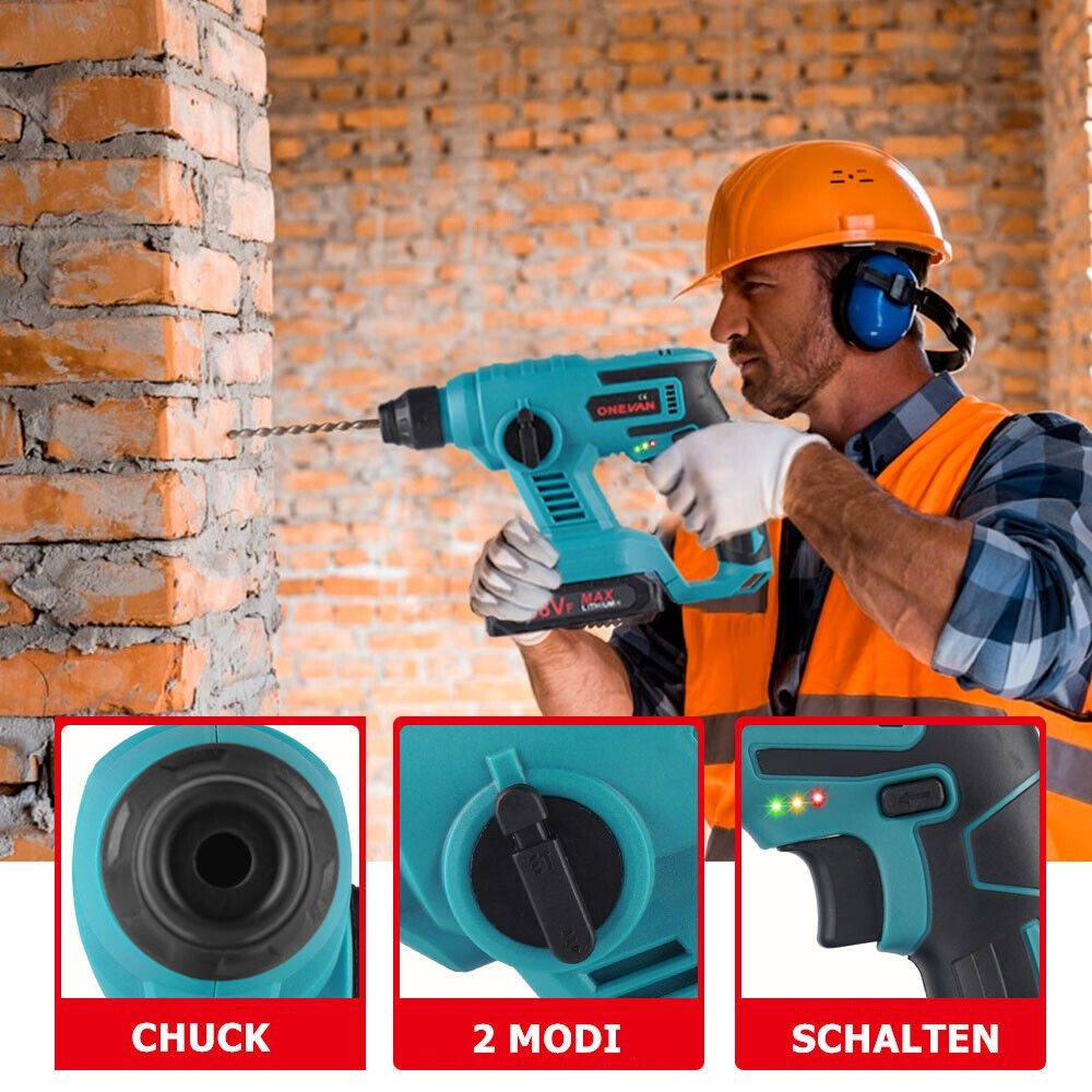 Mann bohrt mit einer türkisfarbenen Bohrmaschine in eine Ziegelmauer. Details: Bohrfutter, 2 Modi und Schalter.