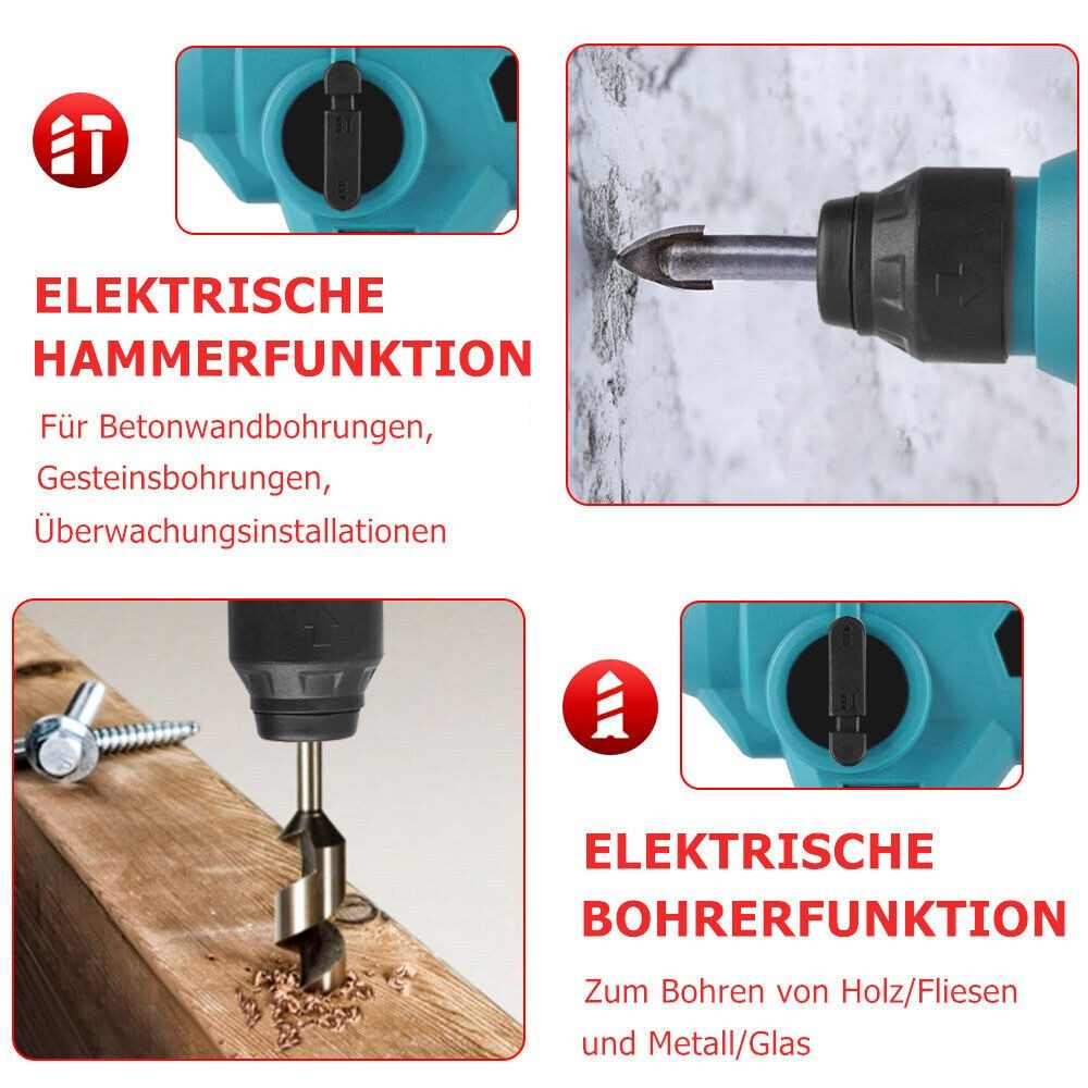 Bilder, die einen elektrischen Bohrer mit elektrischer Hammerfunktion zeigen. Er bohrt in Holz und Beton.