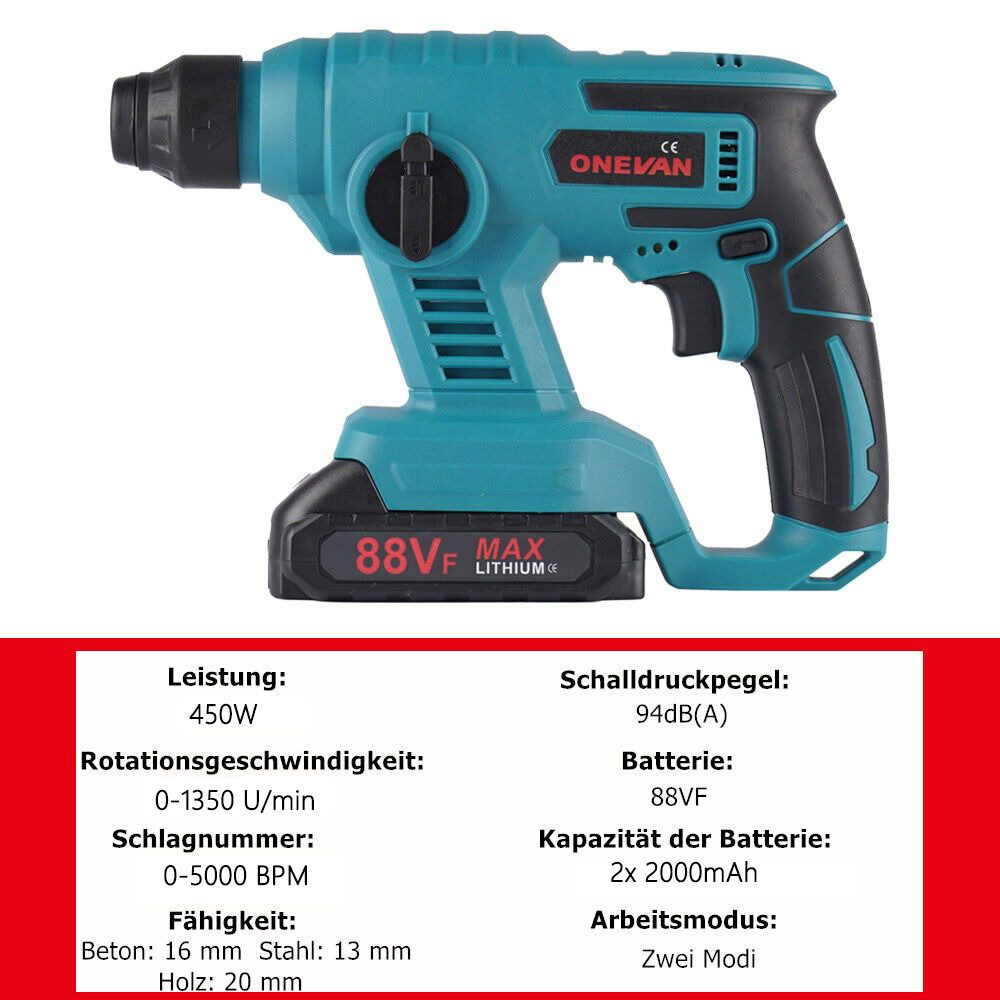 Eine türkisfarbene ONEVAN-Bohrmaschine mit Spezifikationen: 450 W Leistung, 0-1350 U/min Drehzahl, 16 mm/13 mm Bohrkapazität.