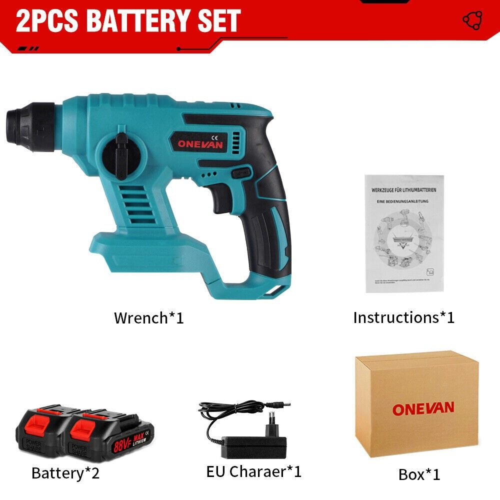 Ein Bohrer, zwei Batterien, Ladegerät, Schraubenschlüssel und Anweisungen befinden sich im Karton; die Marke ist ONEVAN.