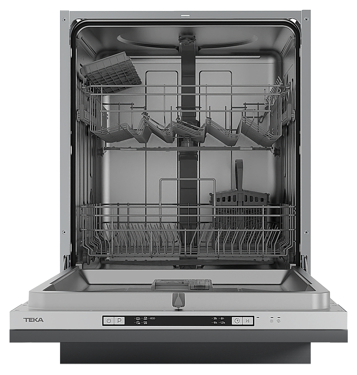 Otwarta zmywarka z półkami i panelem sterowania pokazującym opcje programu.