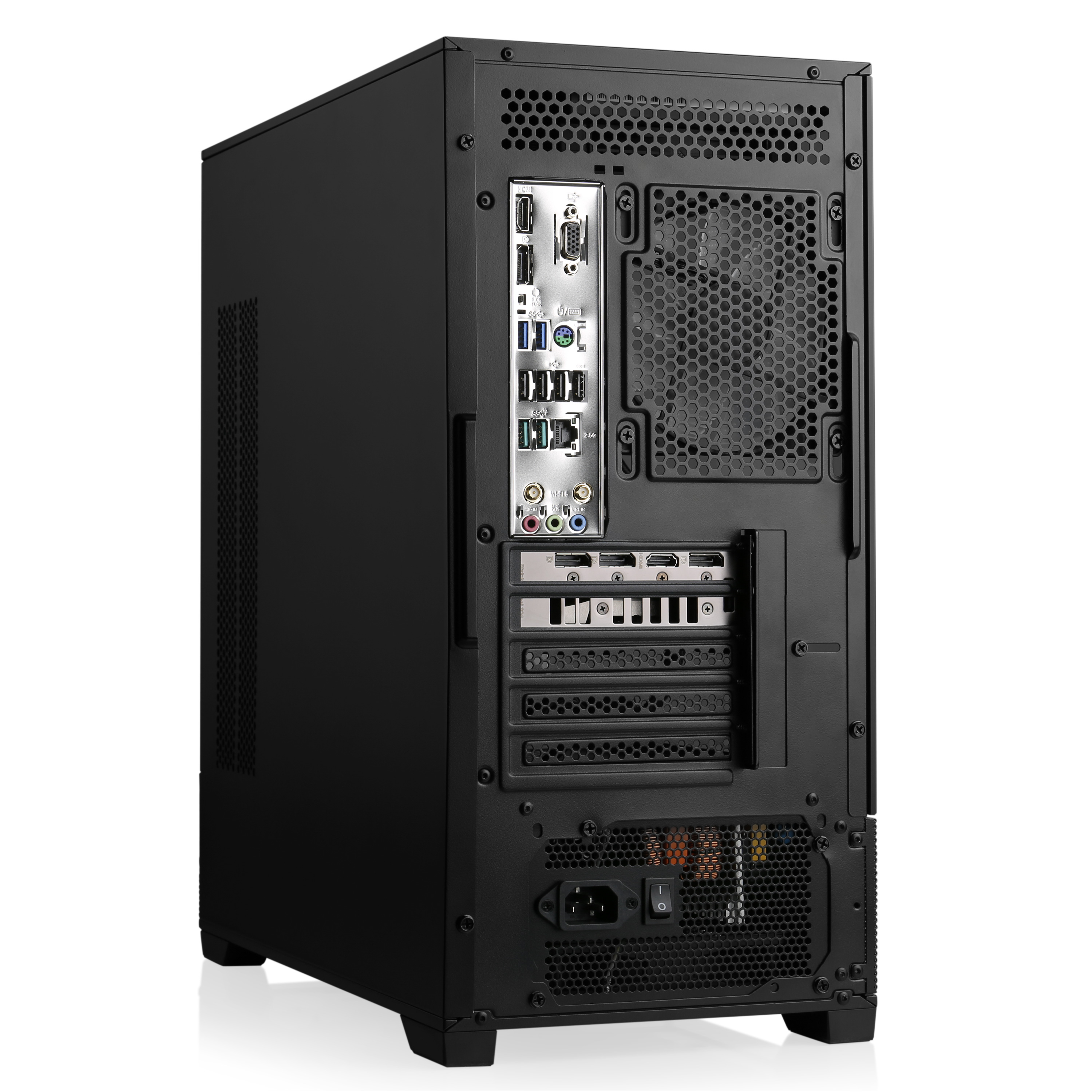Vista posteriore di un case per computer nero, che mostra porte, ventola e componenti dell'alimentatore.