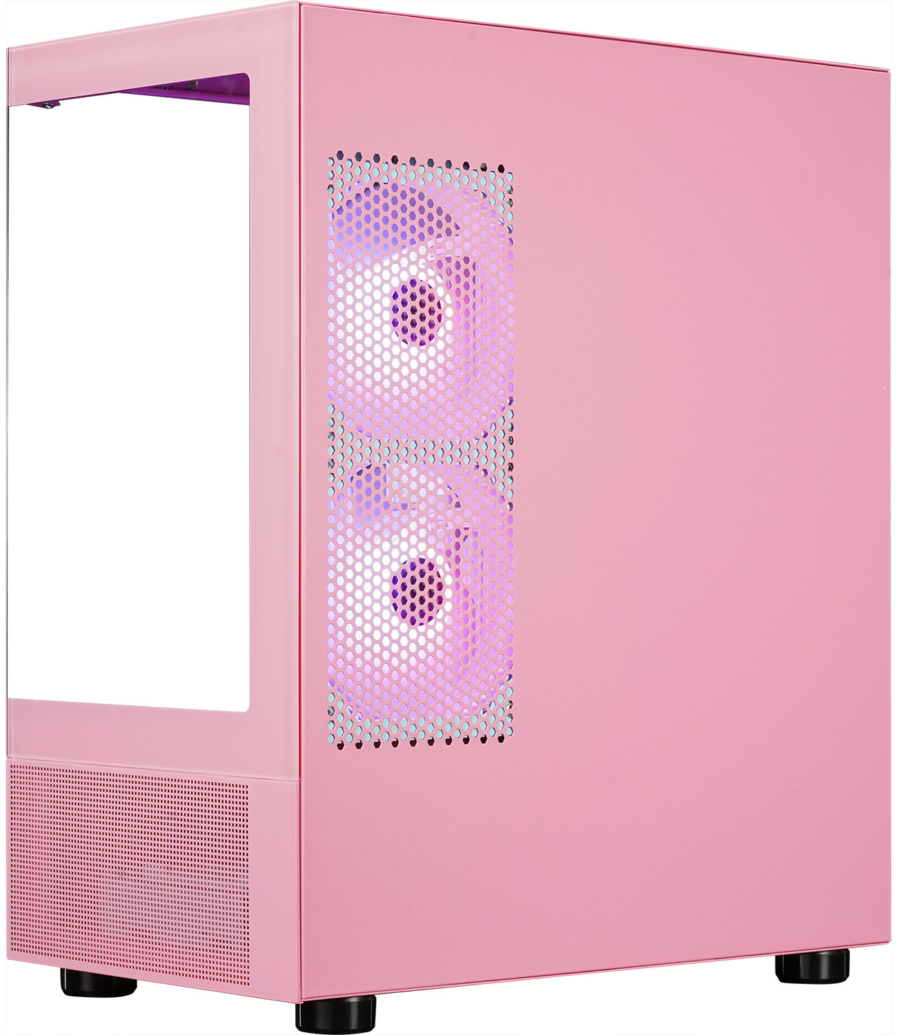 Ein rosa Computergehäuse mit einer transparenten Seitenwand, das interne Lüfter und Komponenten zeigt.