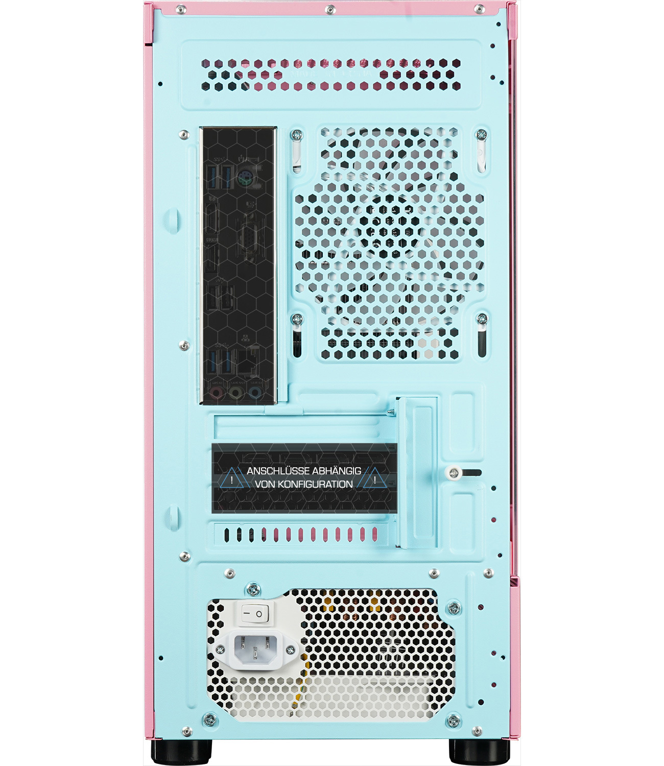 Rückseite eines rosa und blauen Computergehäuses, das Lüfterhalterungen, Anschlüsse und den Netzteilbereich zeigt.