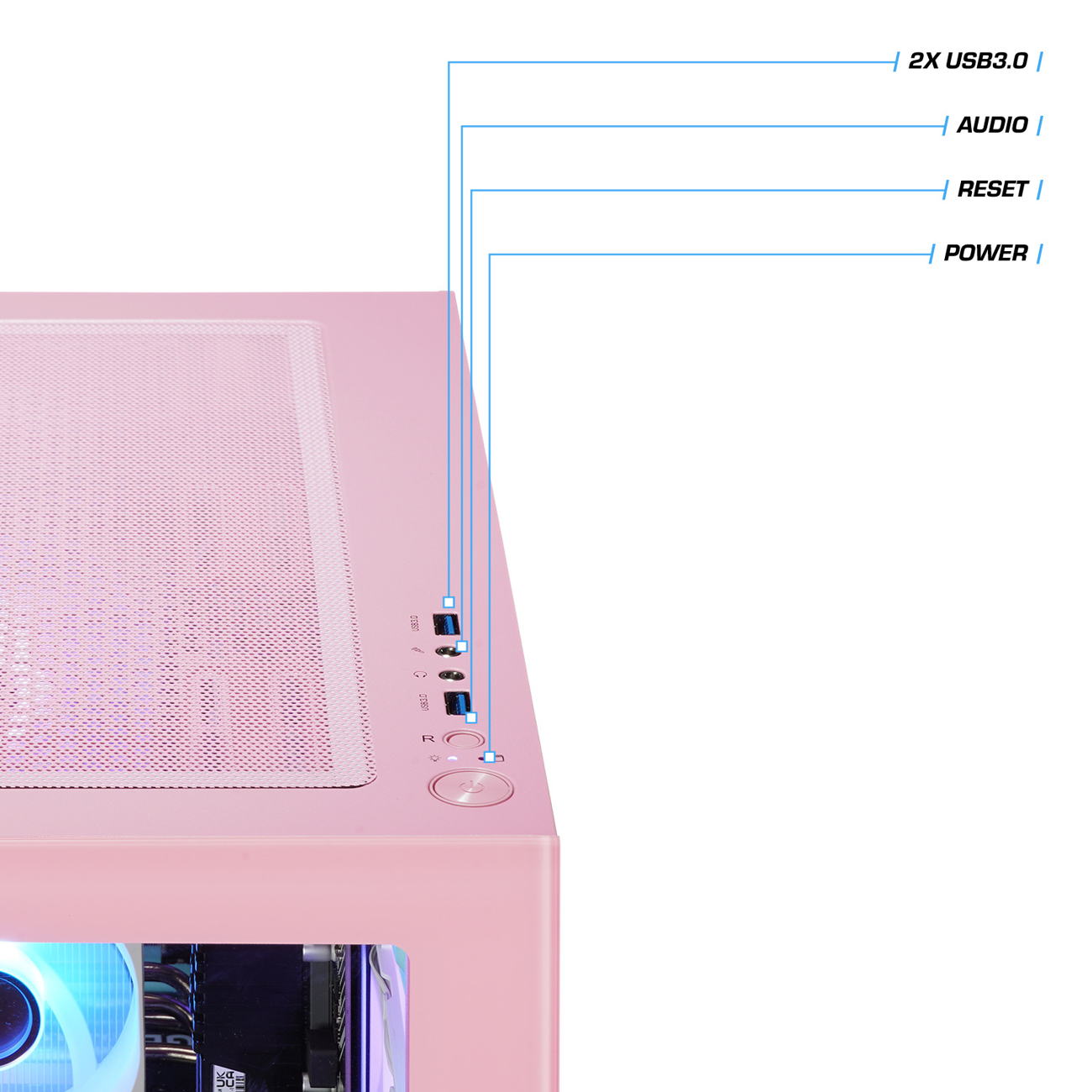 Rosa Computergehäuse mit beschrifteten Anschlüssen: 2x USB 3.0, Audio, Reset und Power-Taste.