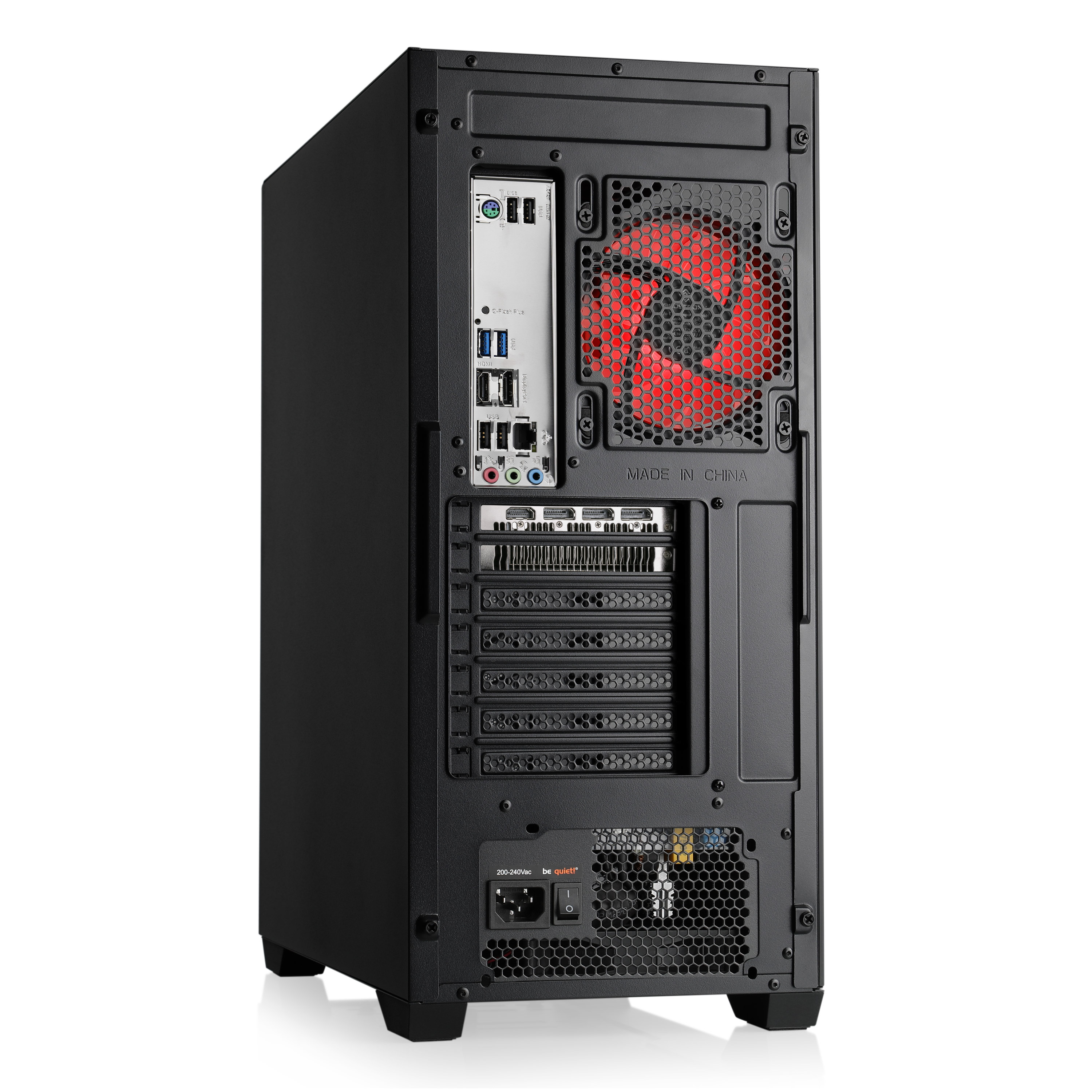 Arrière d'un boîtier d'ordinateur noir avec ventilateur rouge, divers ports et connexion d'alimentation.