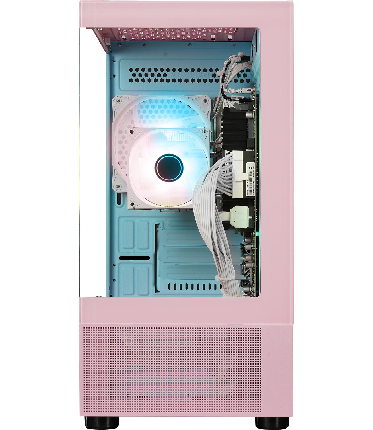 Ein rosa Computergehäuse-Innenraum, der Lüfter, Motherboard und interne Verkabelung zeigt.