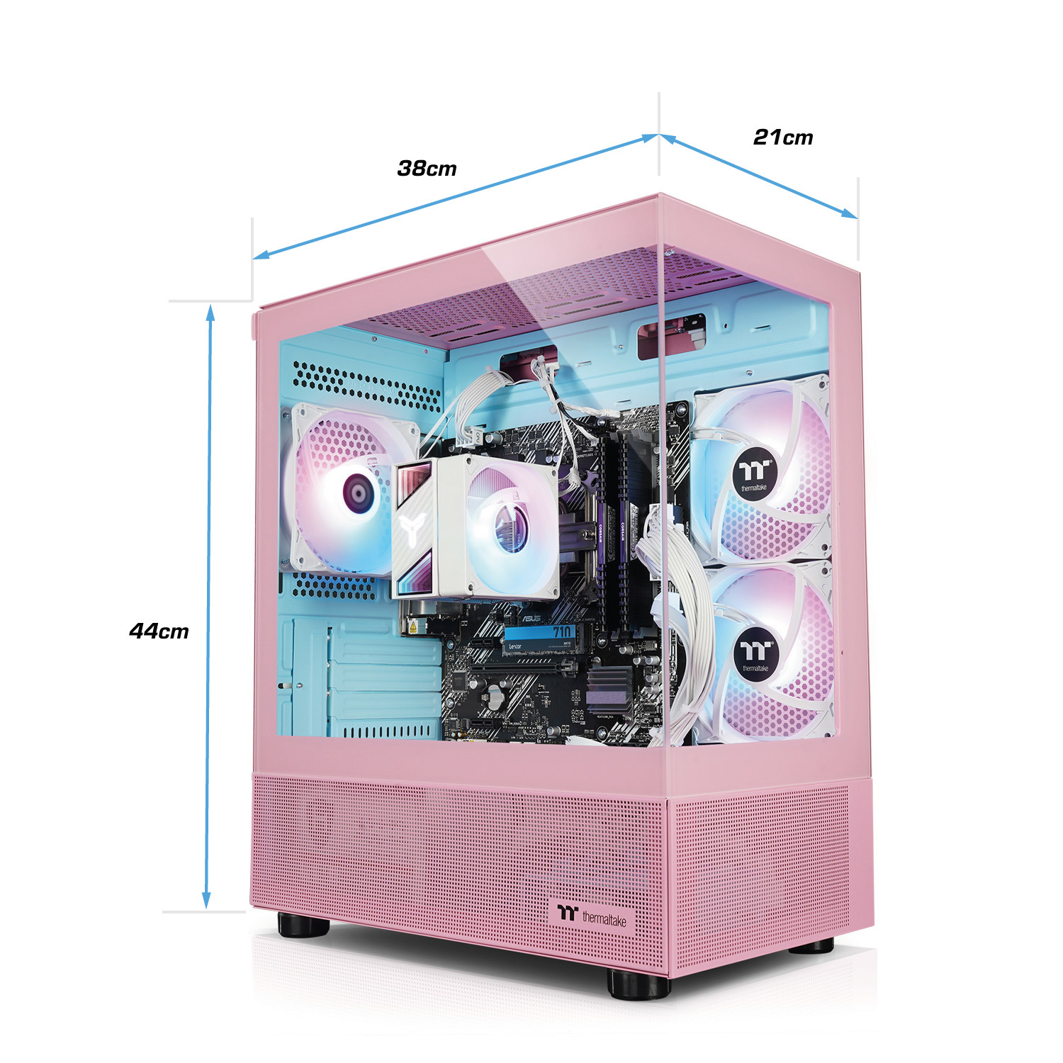 Ein rosa Computergehäuse, offen, mit internen Komponenten, Lüftern und Abmessungen.