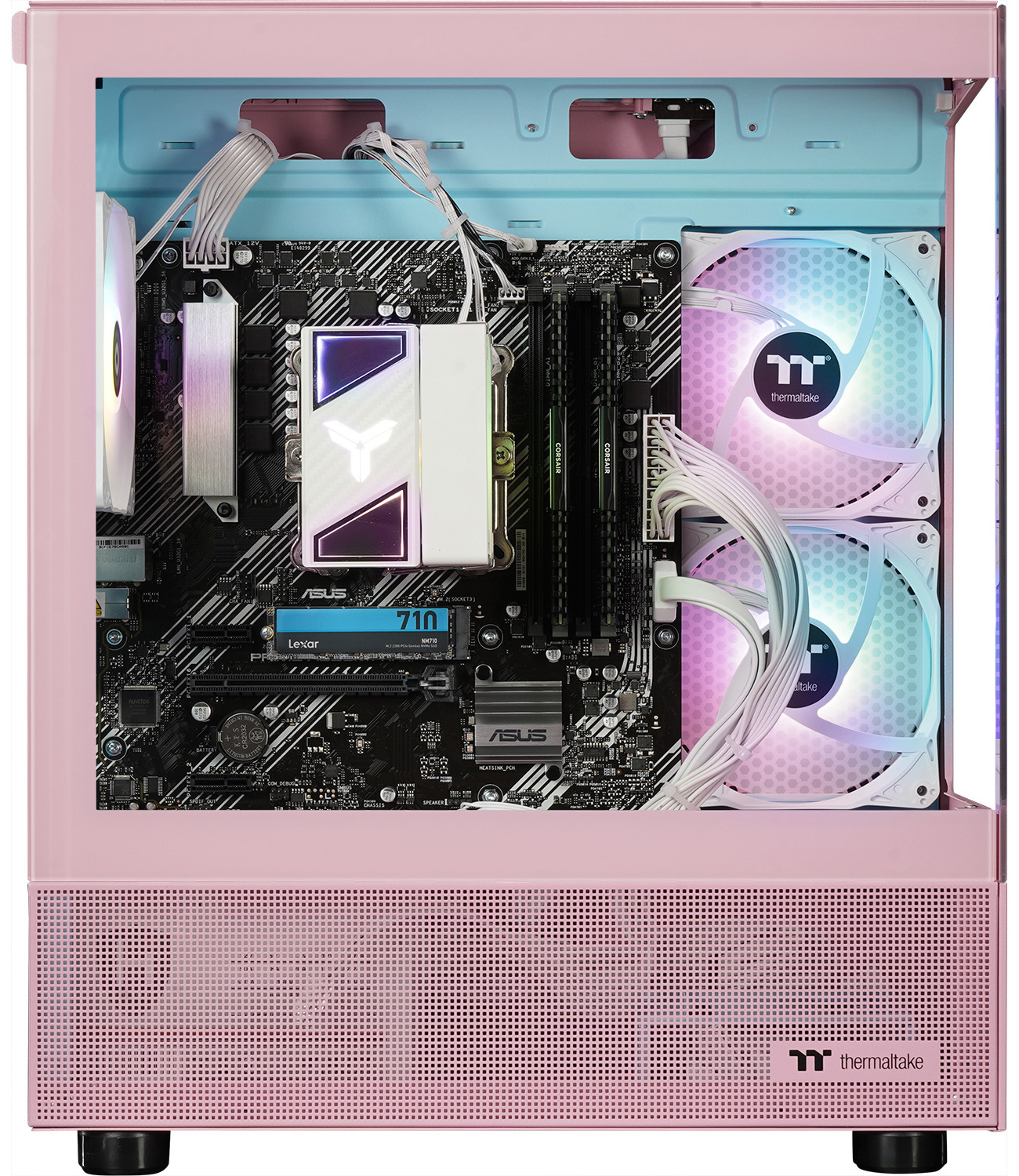 Rosa Computergehäuse mit internen Komponenten. Enthält Lüfter, ein Motherboard und Verkabelung.