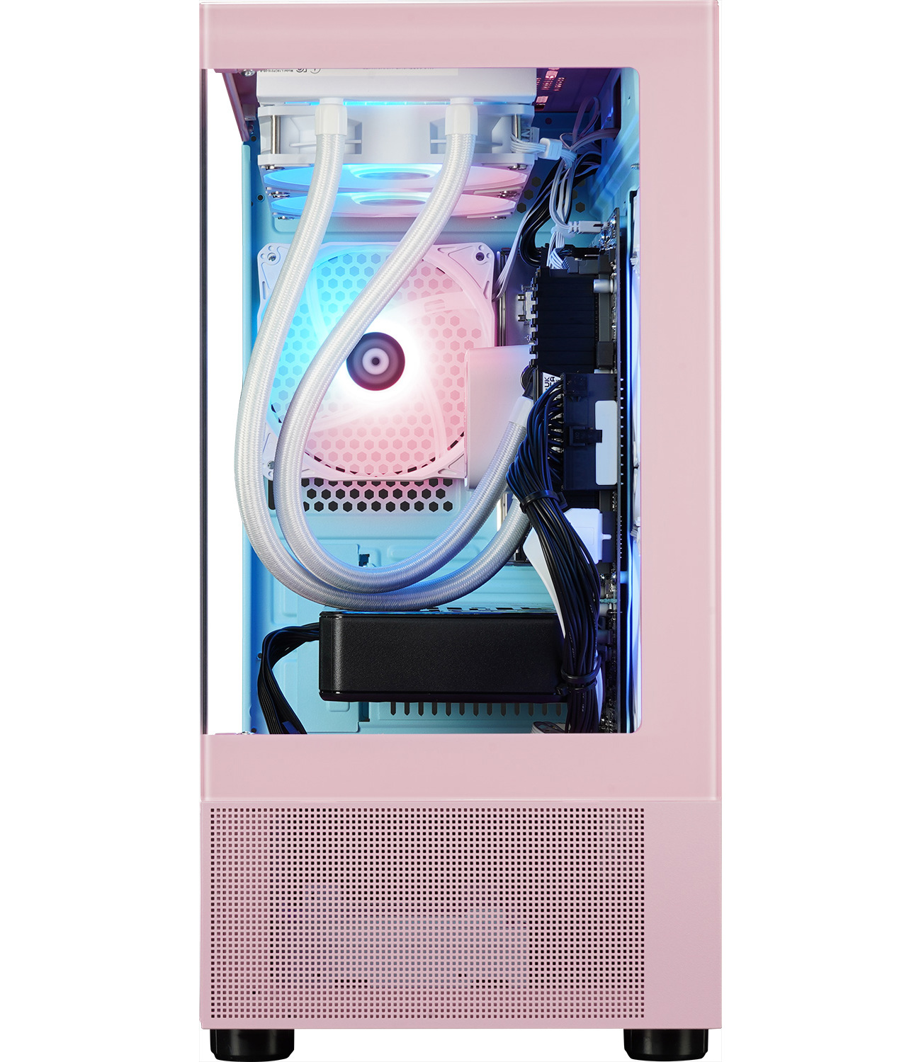 Een roze computerkastinterieur, met ventilatoren, koelbuizen en interne bedrading.