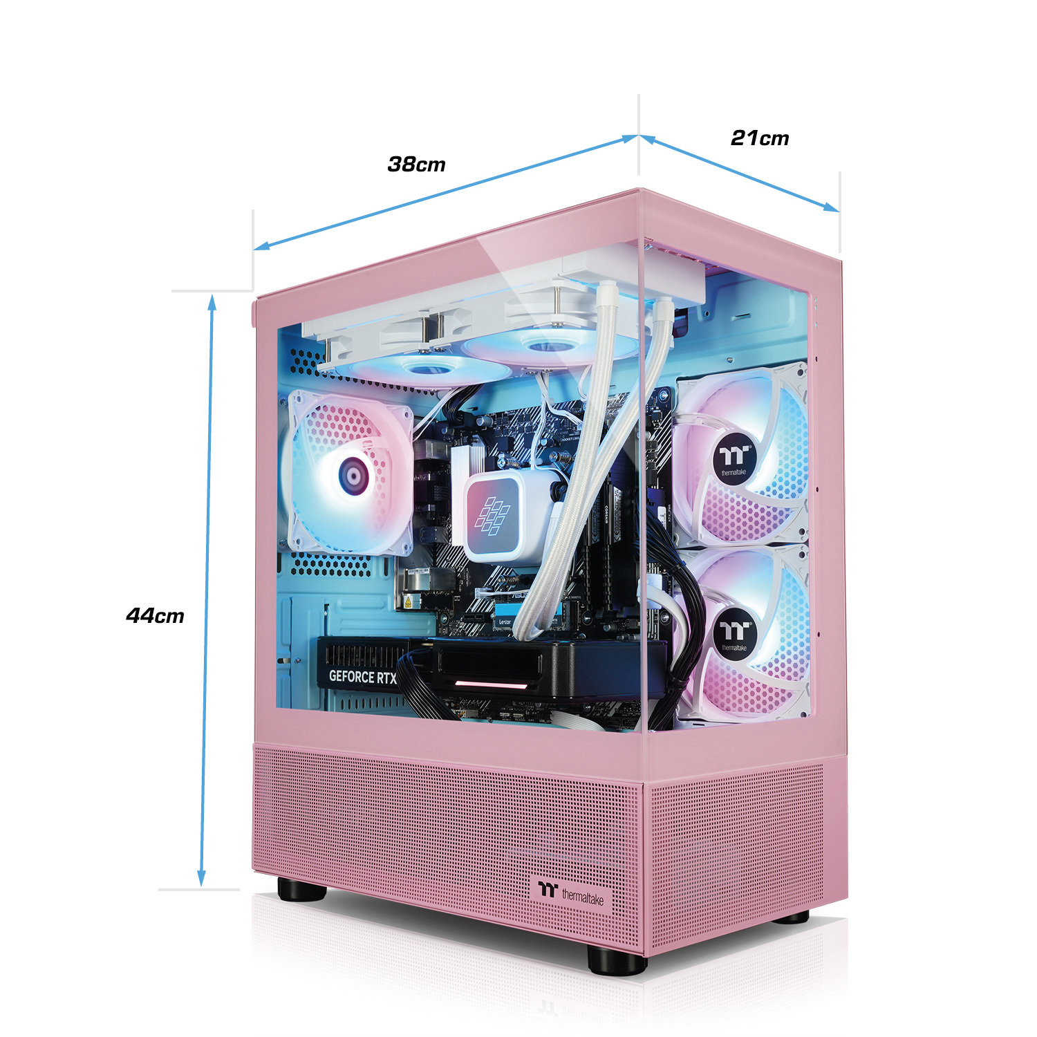 Roze pc-kast met afmetingen aangegeven. Het heeft een glazen paneel, interne componenten zichtbaar.