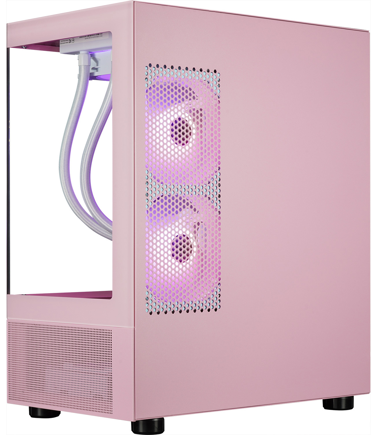 Roze computerkast met doorzichtig zijpaneel, met ventilatoren en een kijkje op de interne componenten.