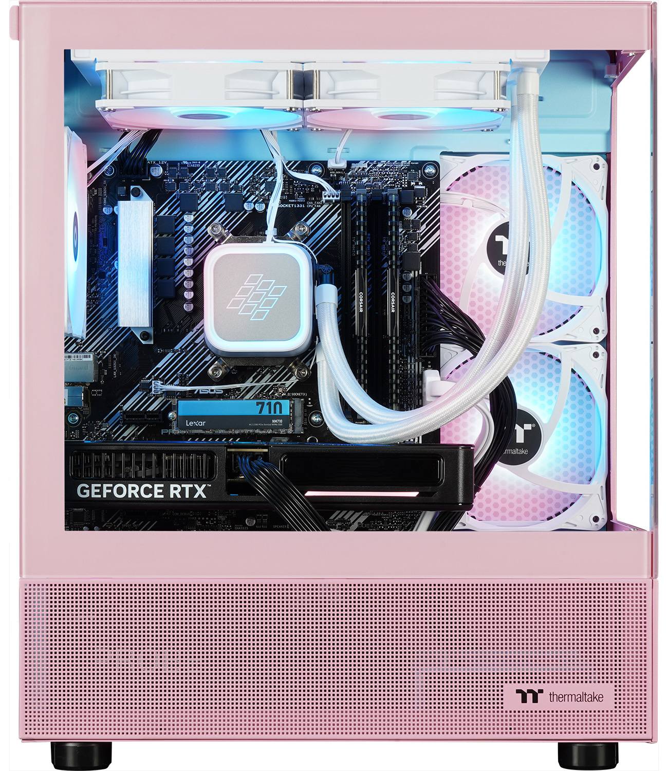 Roze pc-kast met interne componenten. Het heeft blauwe en witte lichten en ventilatoren.