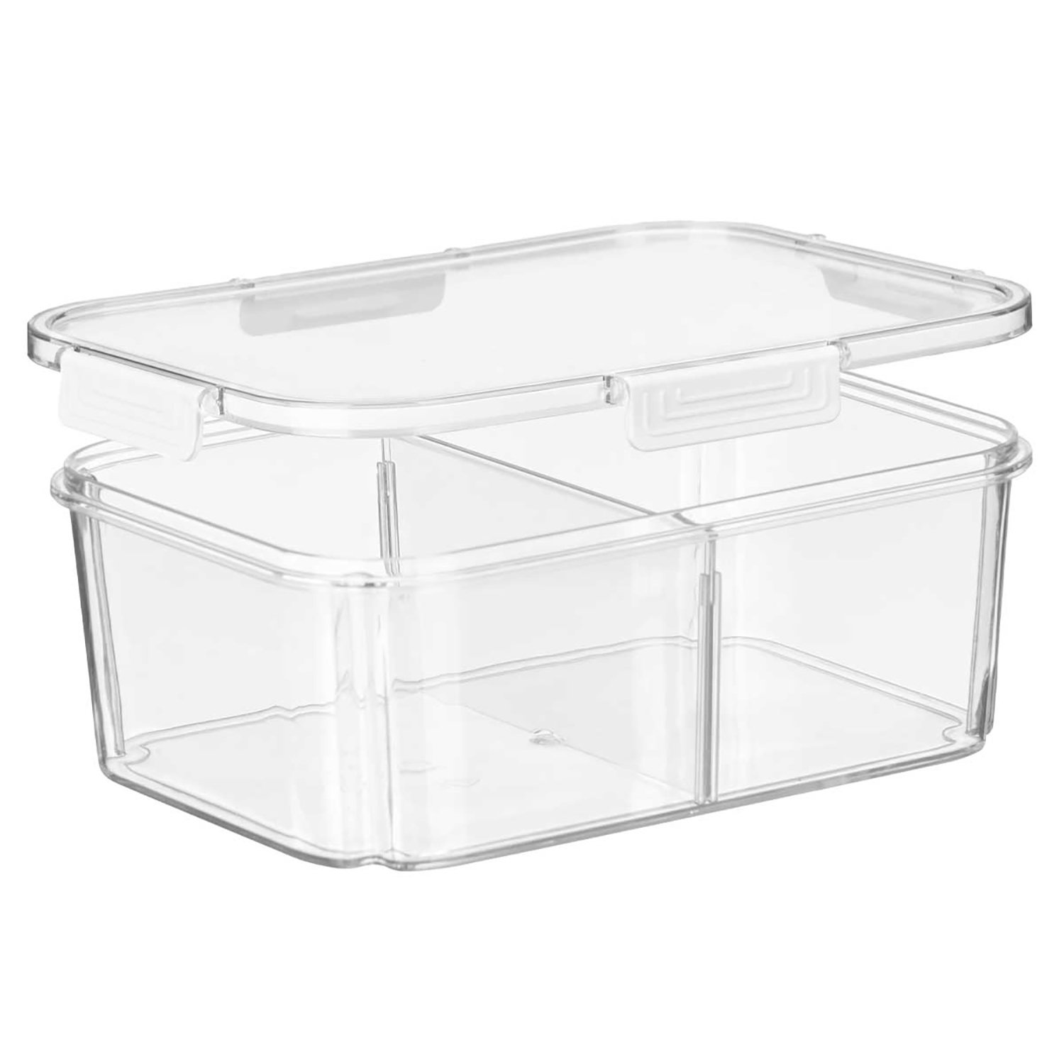 Contenedor de plástico transparente para alimentos con tres compartimentos, tapa ligeramente abierta. Cierres blancos.