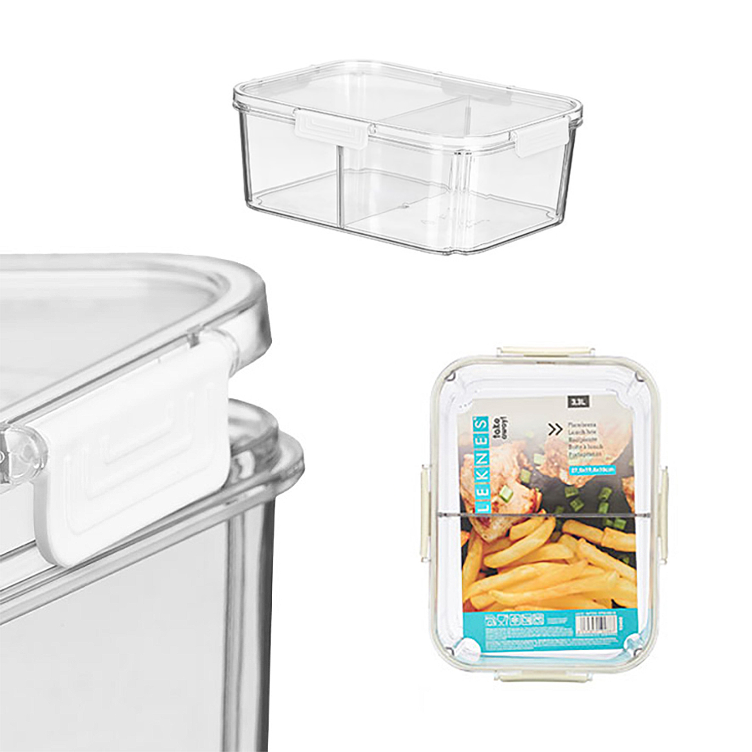 Contenedor de alimentos de plástico transparente con dos compartimentos y tapa.