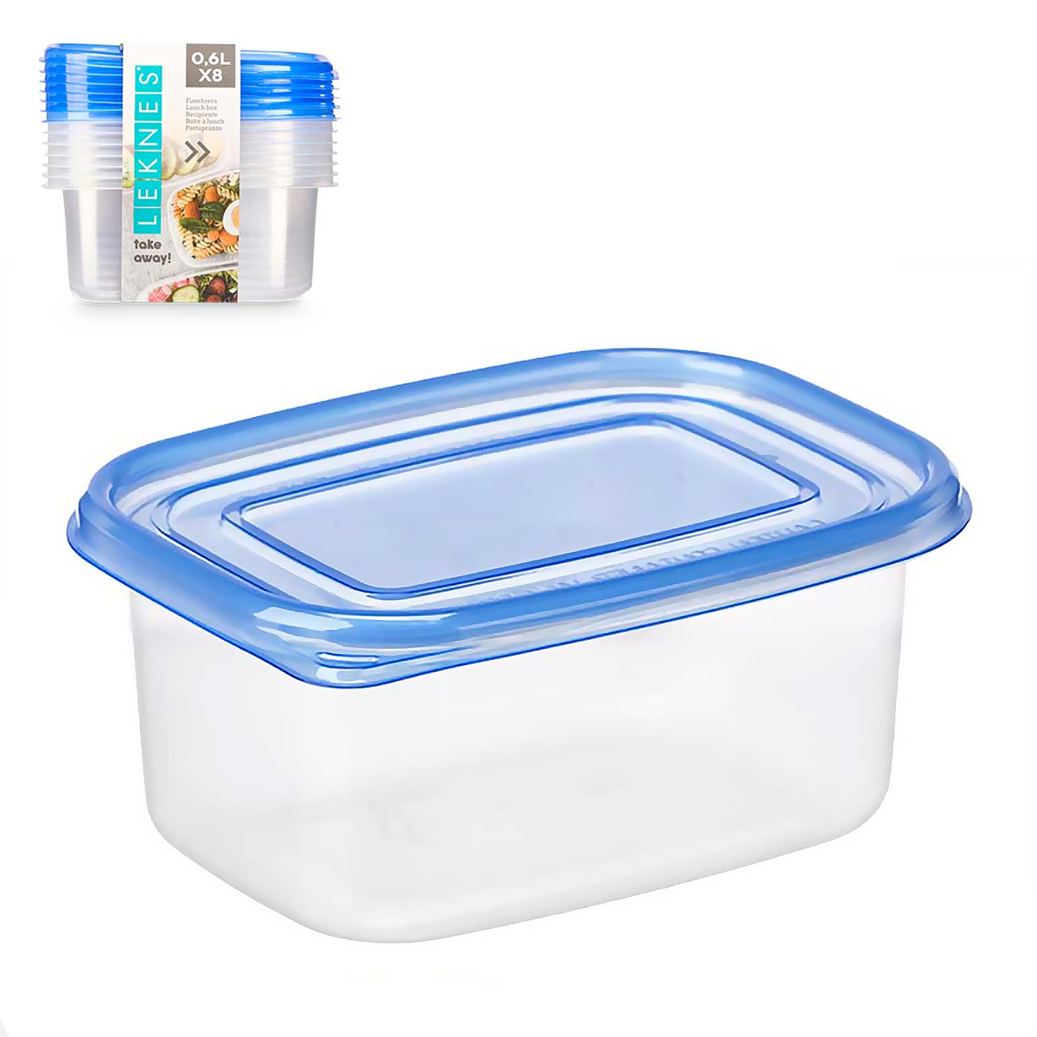 Contenitore in plastica trasparente con coperchio blu; pila di contenitori simili sullo sfondo.