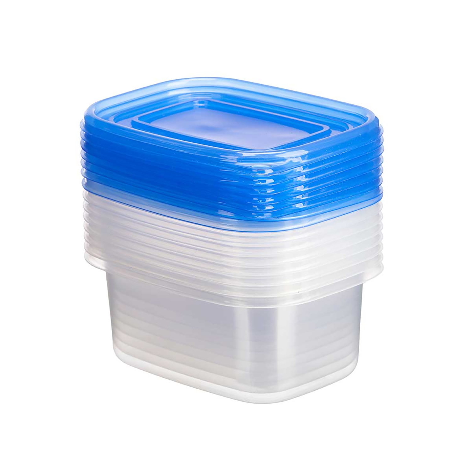 Pila di contenitori per alimenti rettangolari trasparenti con coperchi blu. I contenitori sono vuoti.