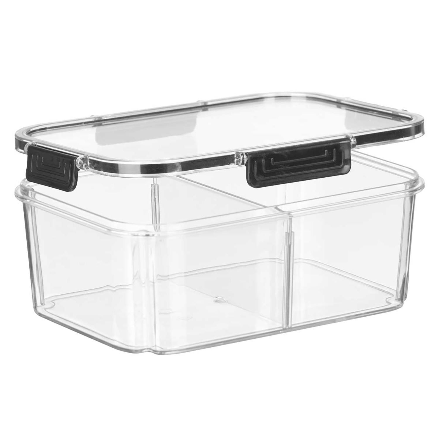 Contenedor de alimentos de plástico transparente con dos secciones, tapa abierta y clips negros.
