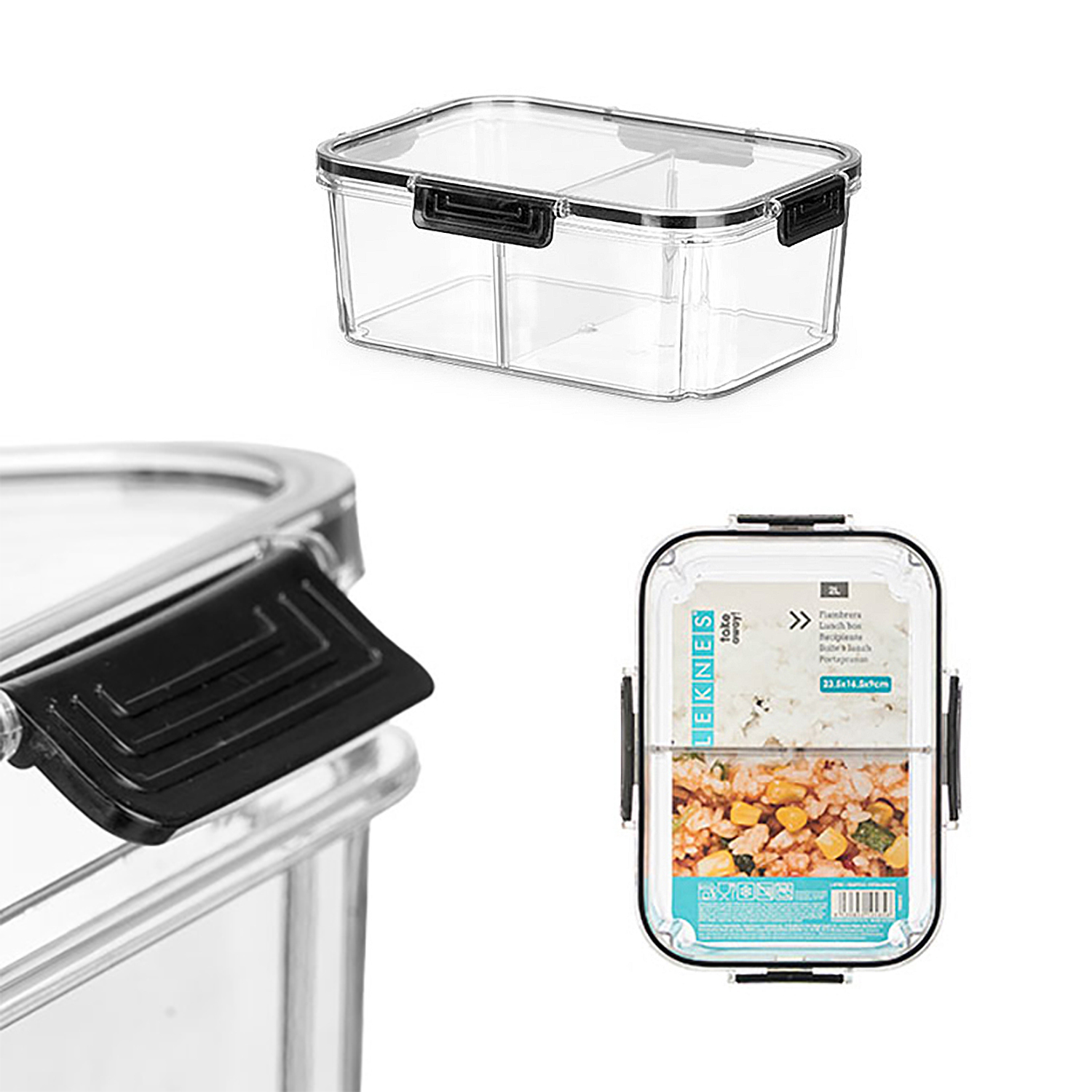 Contenedor de plástico transparente para alimentos con dos compartimentos y cierres negros. Etiqueta con imagen de comida.
