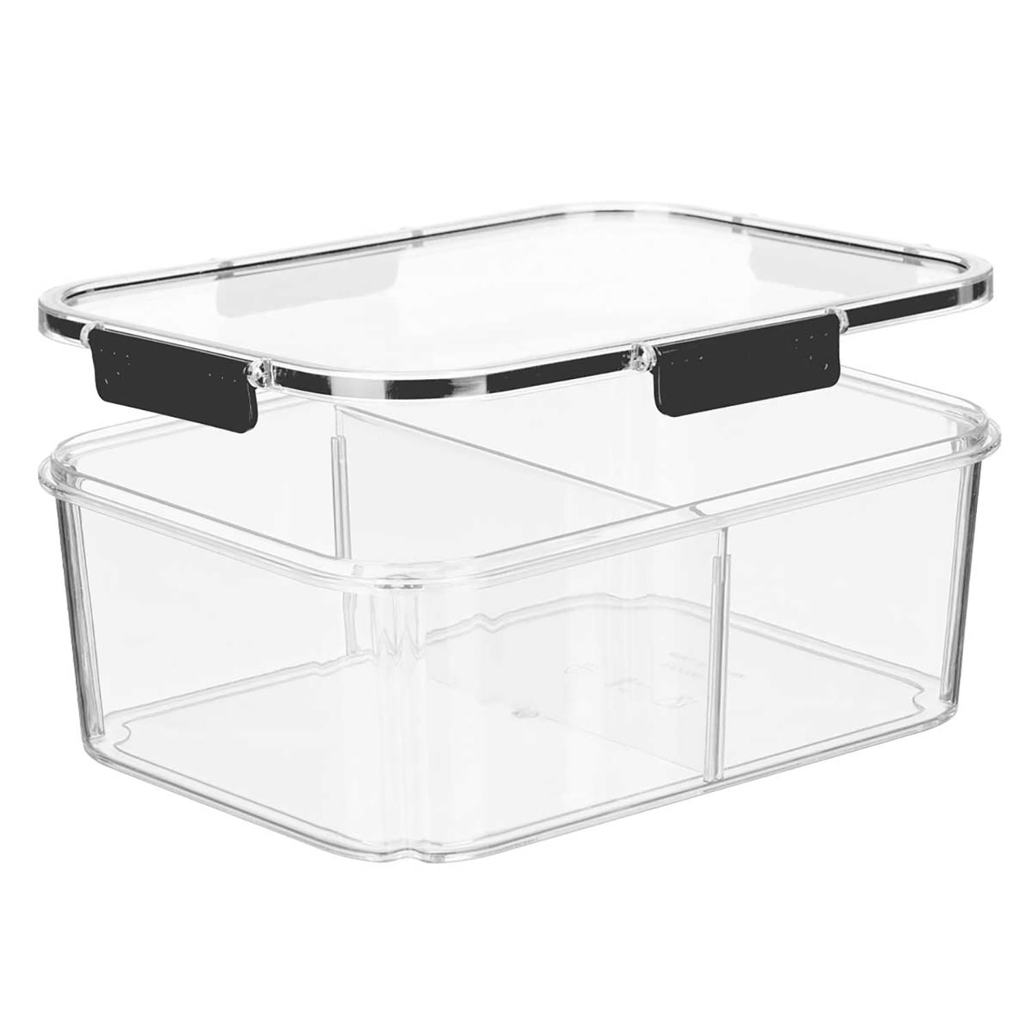 Contenedor de alimentos de plástico transparente con dos compartimentos y tapa.