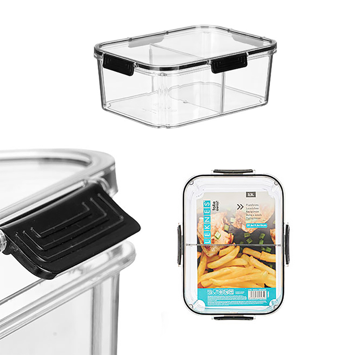 Contenedor transparente con dos compartimentos y tapa, con etiqueta de patatas fritas.