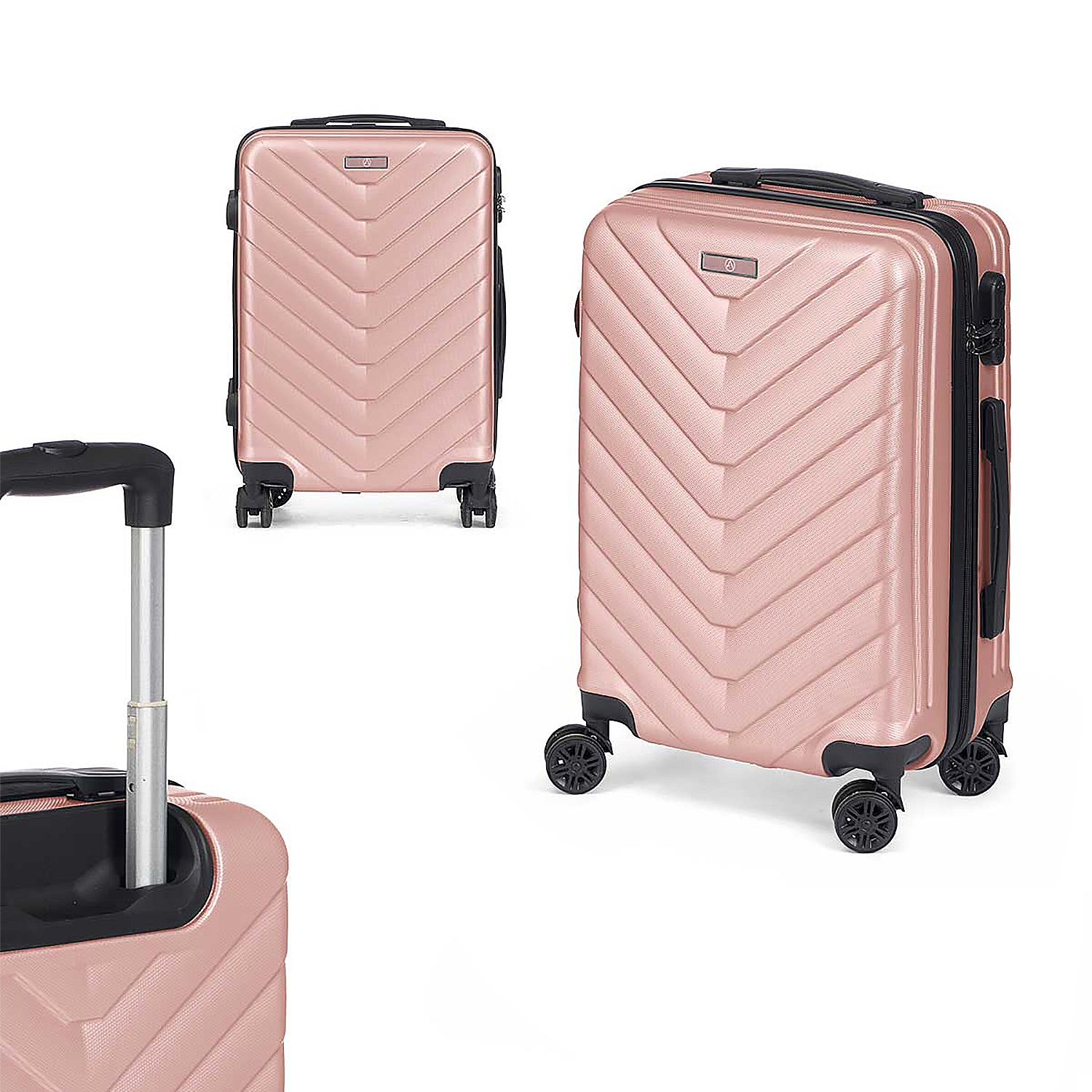 Pinke Koffer mit Chevron-Design, Rädern und Griffen; einer wird gezogen, auf Weiß.