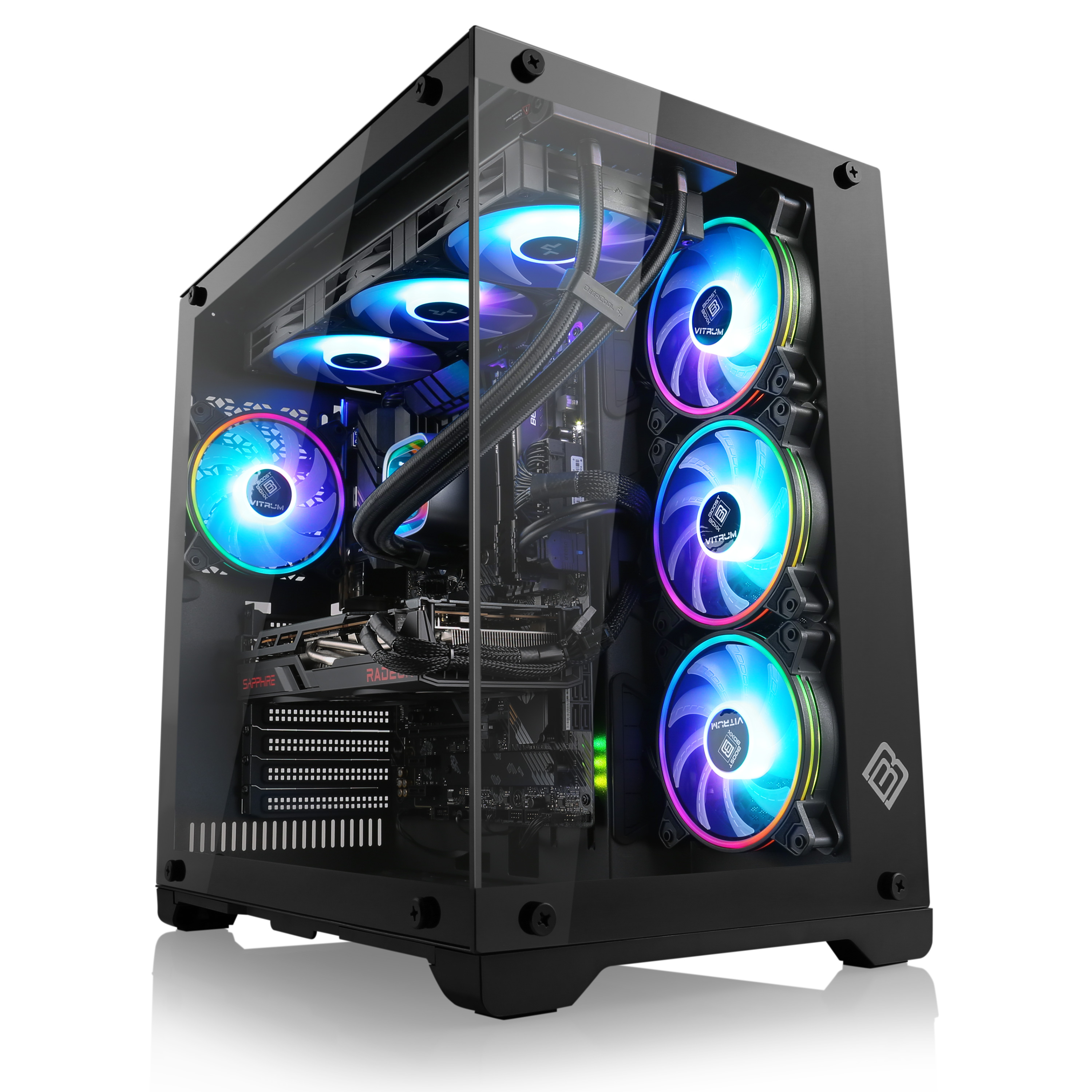 Case nero con multiple ventole colorate e componenti interni.