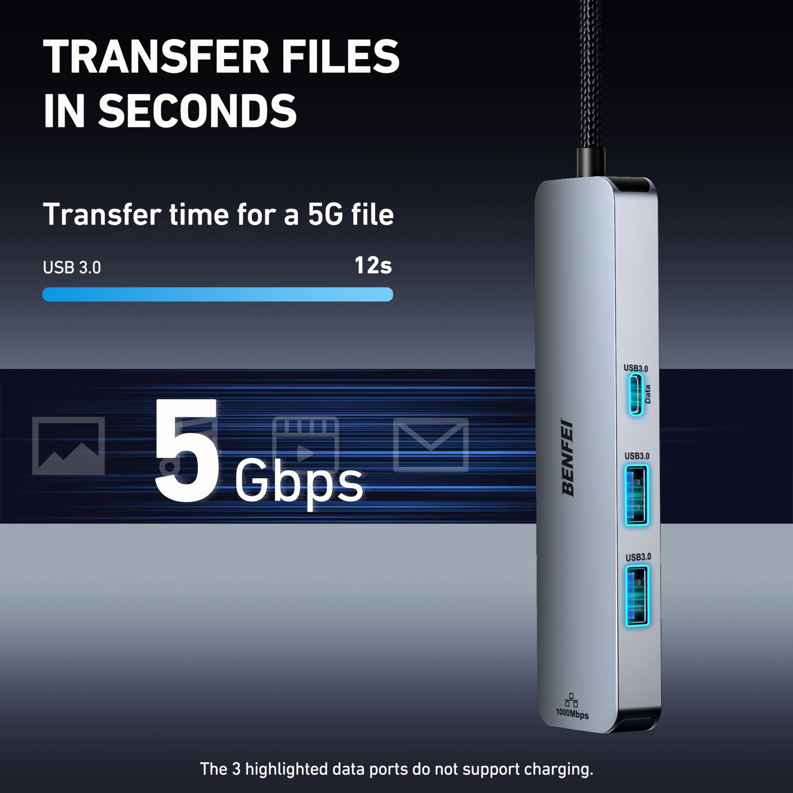 Silberner USB-Hub mit verschiedenen Anschlüssen, Kabeln und einer Übertragungsgeschwindigkeit von 5 Gbit/s.