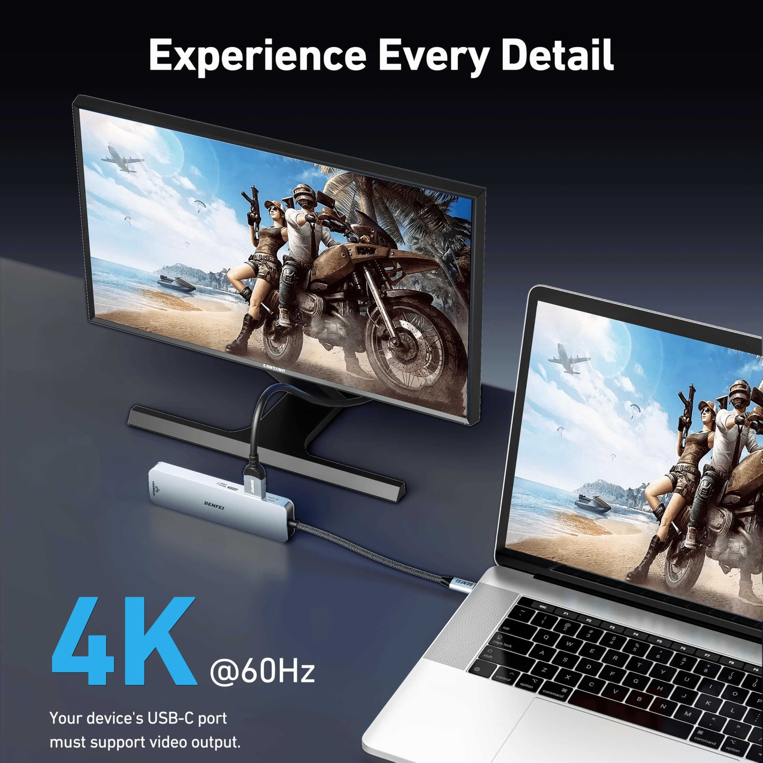 Laptop und Monitor, verbunden mit einem USB-Hub. Der Monitor zeigt eine Spielszene, 4K-Ausgabe.