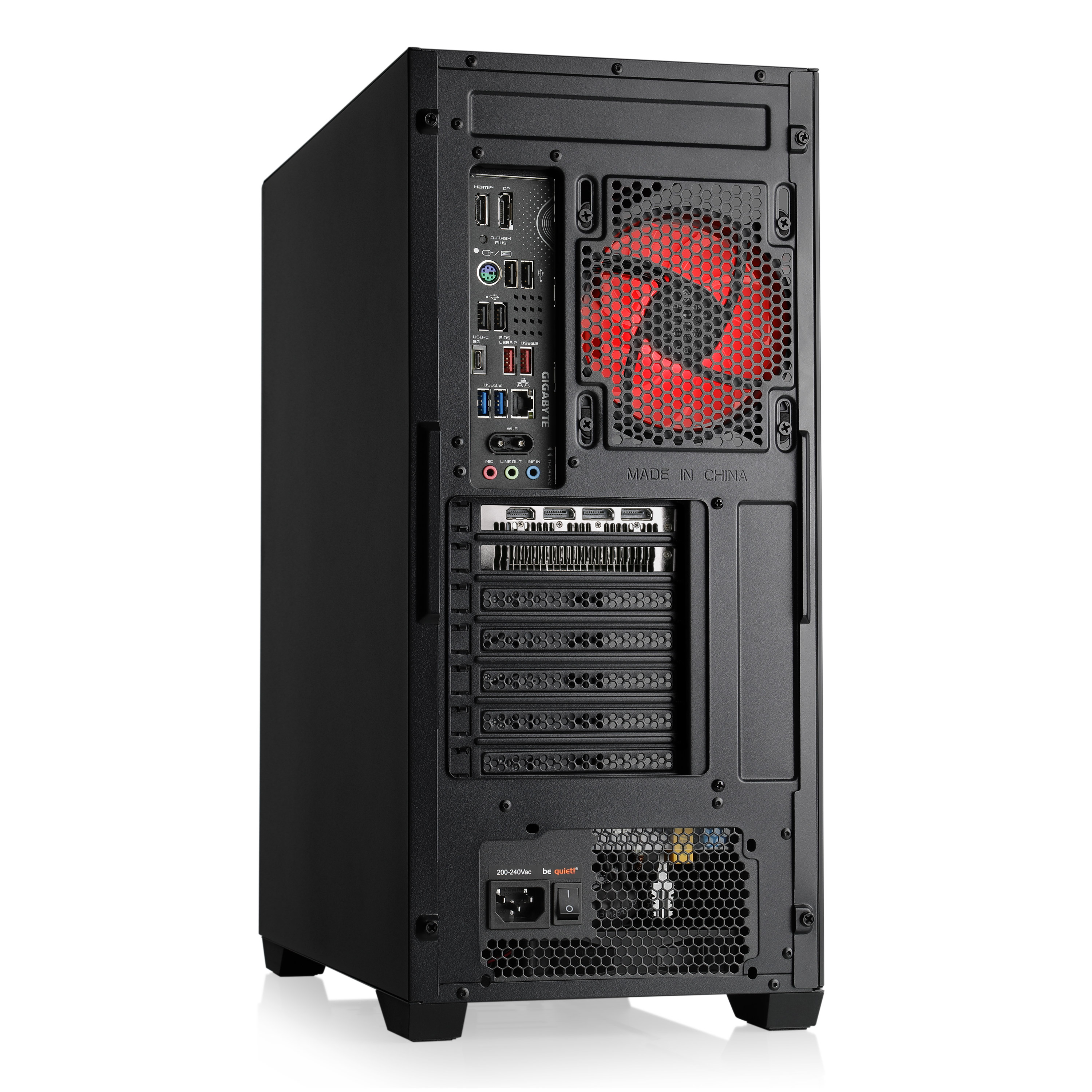 Arrière d'un boîtier d'ordinateur noir avec ventilateur rouge et différents ports. Fond blanc.