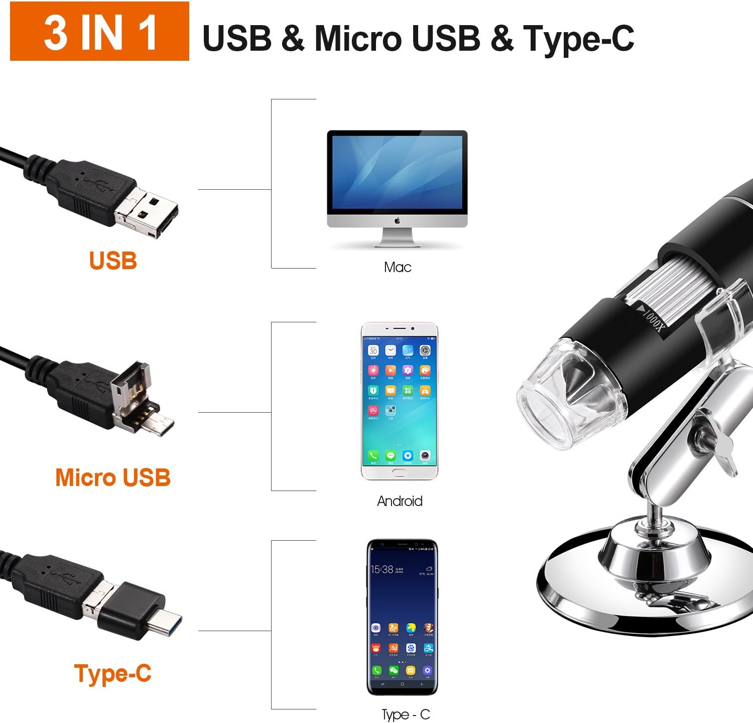 3-in-1 USB-, Micro-USB- und Typ-C-Kabel verbinden sich mit einem Mac, Android-Telefon und Mikroskop.
