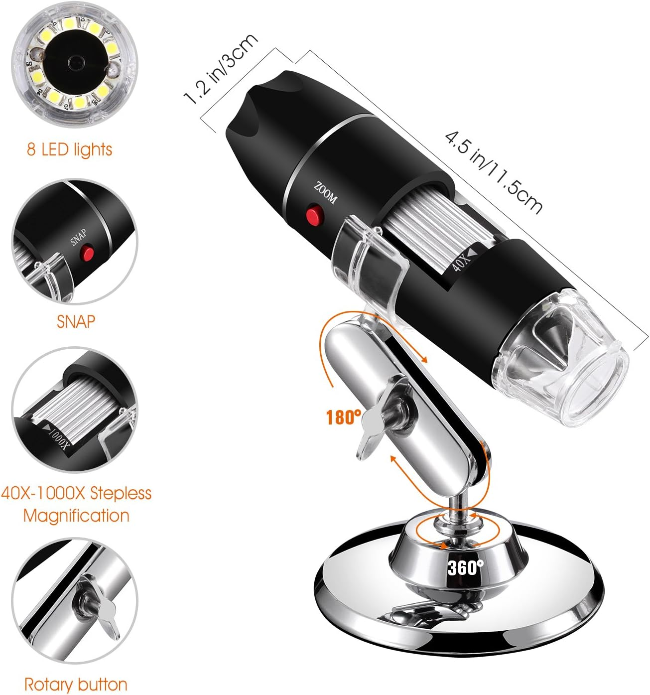 Schwarzes Mikroskop mit LED-Leuchten, 40-1000x Zoom und drehbarer Basis. Verschiedene Komponenten sind beschriftet.