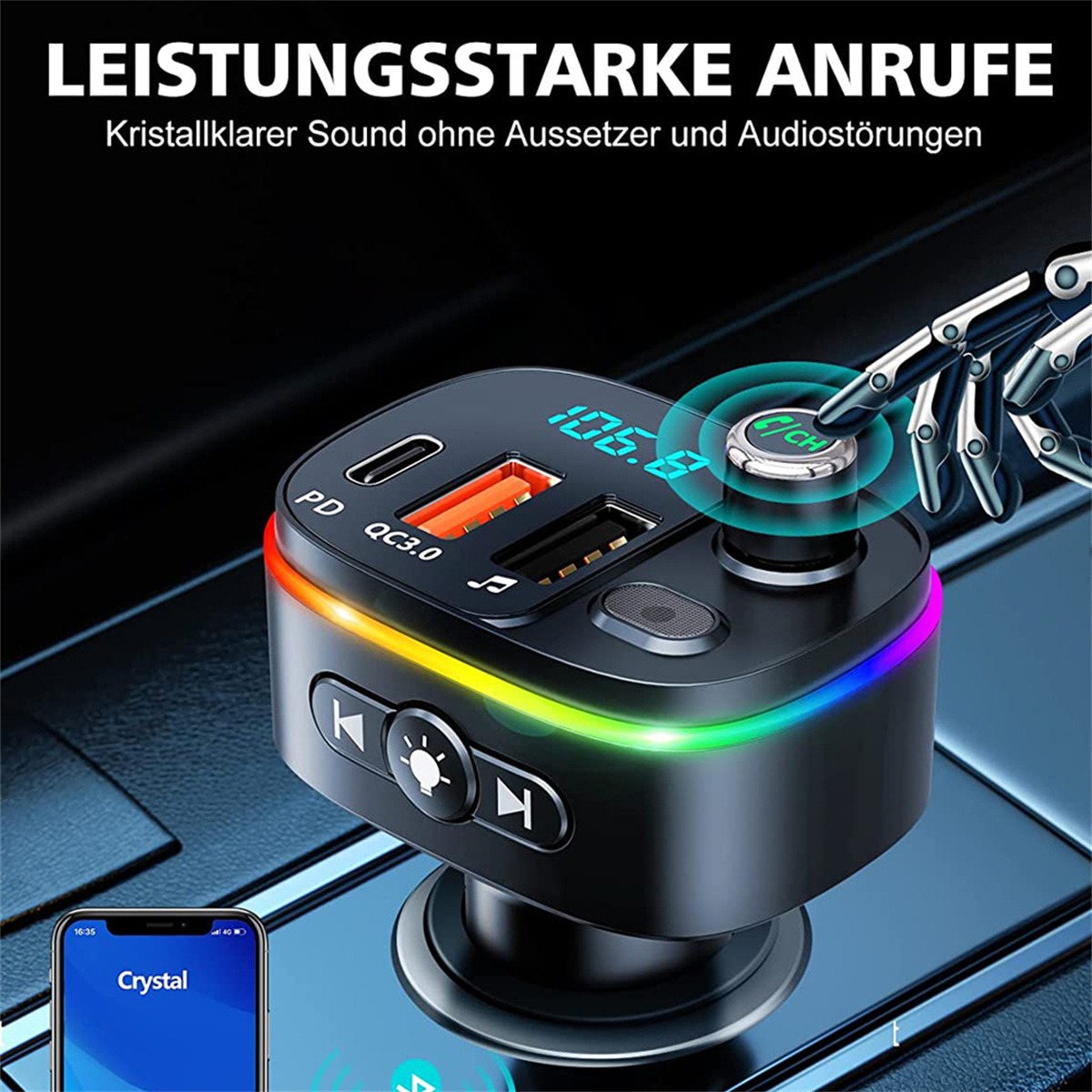 Schwarzes Autoladegerät mit mehreren USB-Anschlüssen, Digitalanzeige 106,8 und bunten Lichtern.