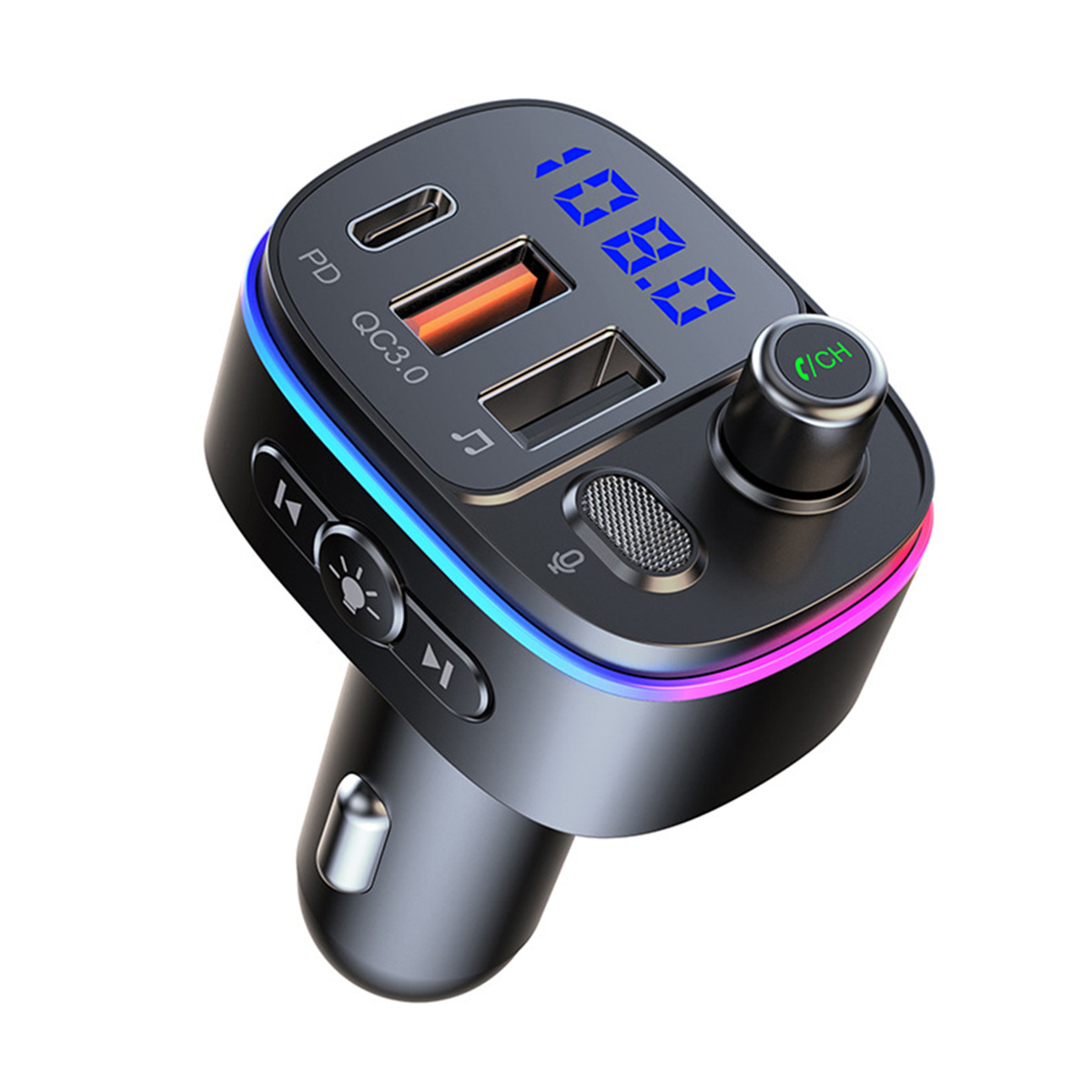 Schwarzes Autoladegerät mit Digitalanzeige 108.0, mehreren USB-Anschlüssen und bunten Lichtern.