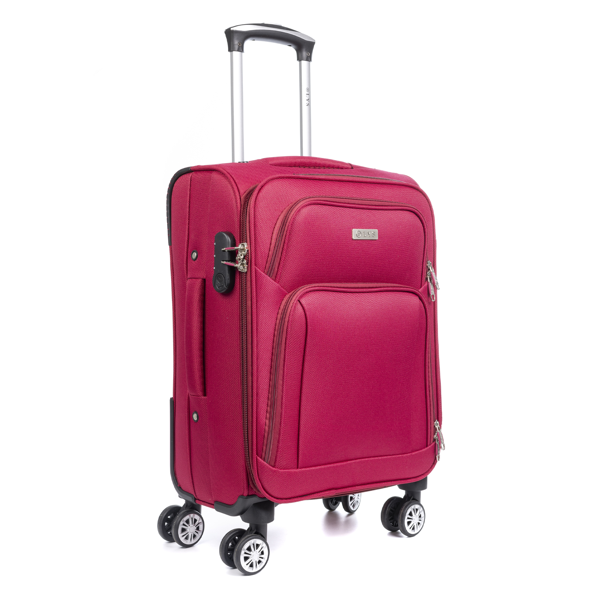 Roter Rollkoffer auf weißem Hintergrund. Er hat einen Griff, Räder und mehrere Taschen.