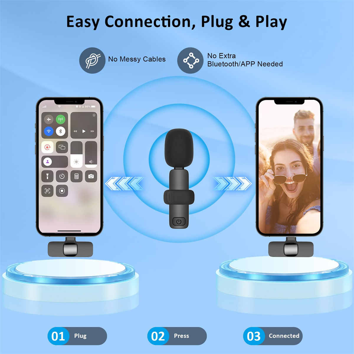 Zwei Telefone und ein Mikrofon. Telefone zeigen ein Bedienfeld und ein Paar. Text oben: "Einfache Verbindung, Plug & Play".
