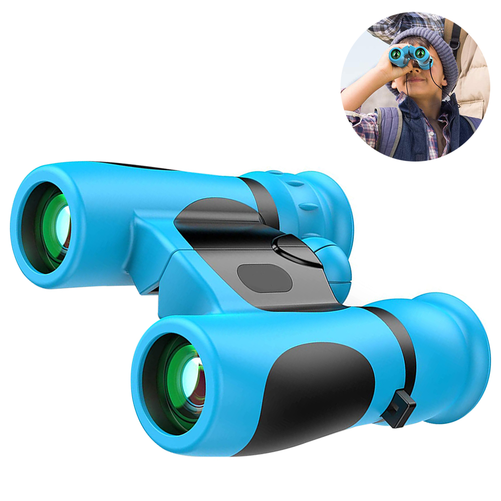 Blaues Fernglas mit einem Jungen, der es benutzt, vor weißem Hintergrund mit rundem Einsatz.