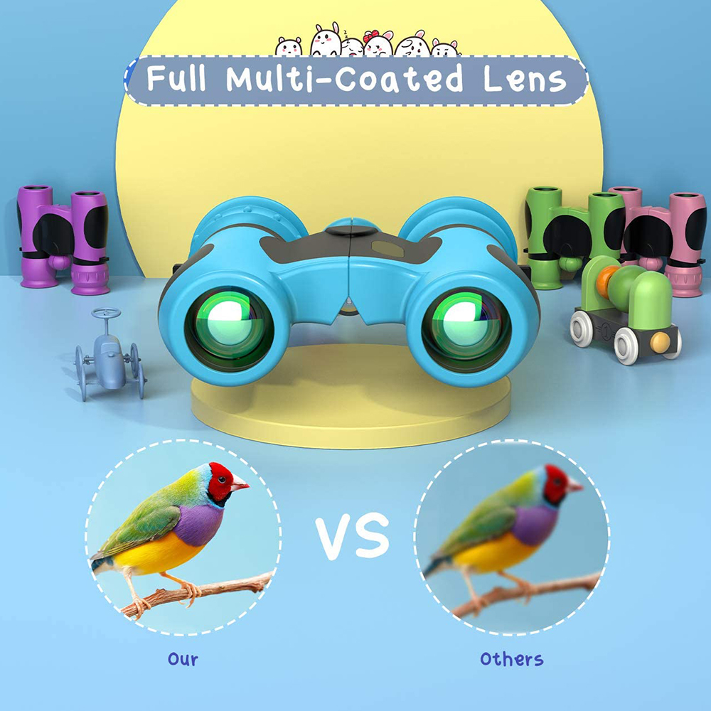 Blaue Spielzeugferngläser mit Vogelvergleich. Rechts ist ein gelber Vogel mit verschwommenen Farben zu sehen.