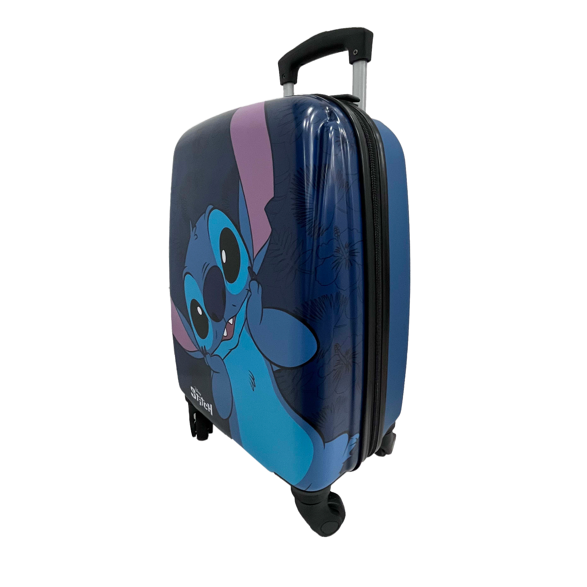 Ein blauer Koffer mit Stitch-Zeichentrickfigur. Er hat Räder und einen Griff. Der Hintergrund ist weiß.