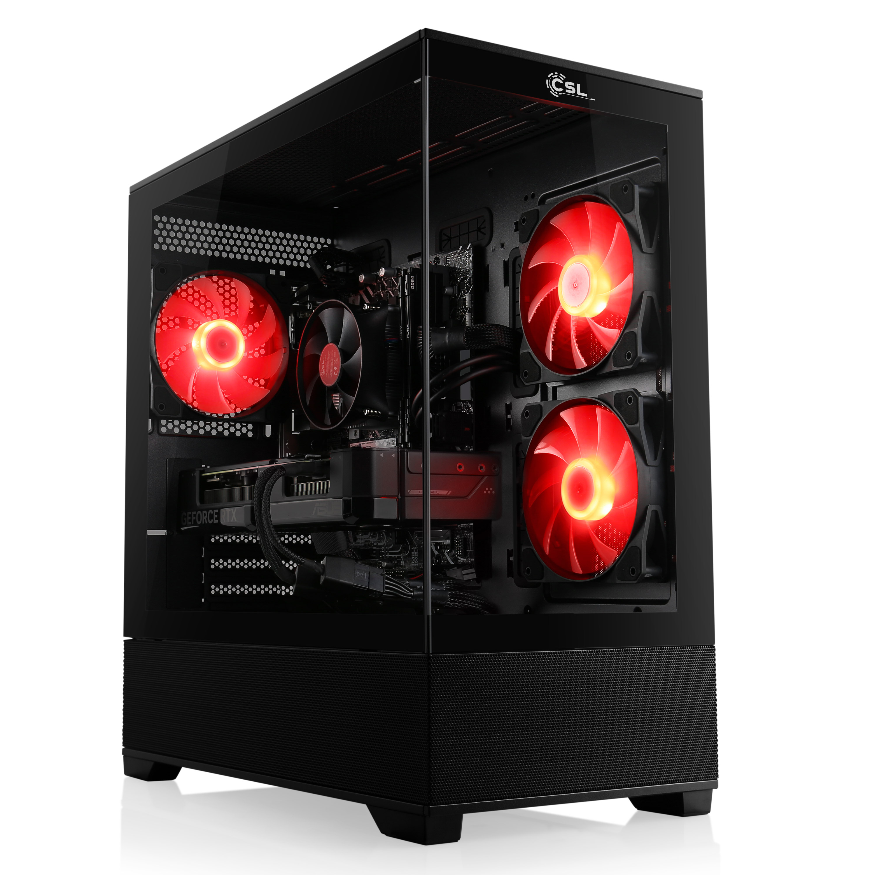 Schwarzer Gaming-PC mit roten Lichtern. Er hat Lüfter und eine Glas-Seitenwand, die Innenteile zeigt.