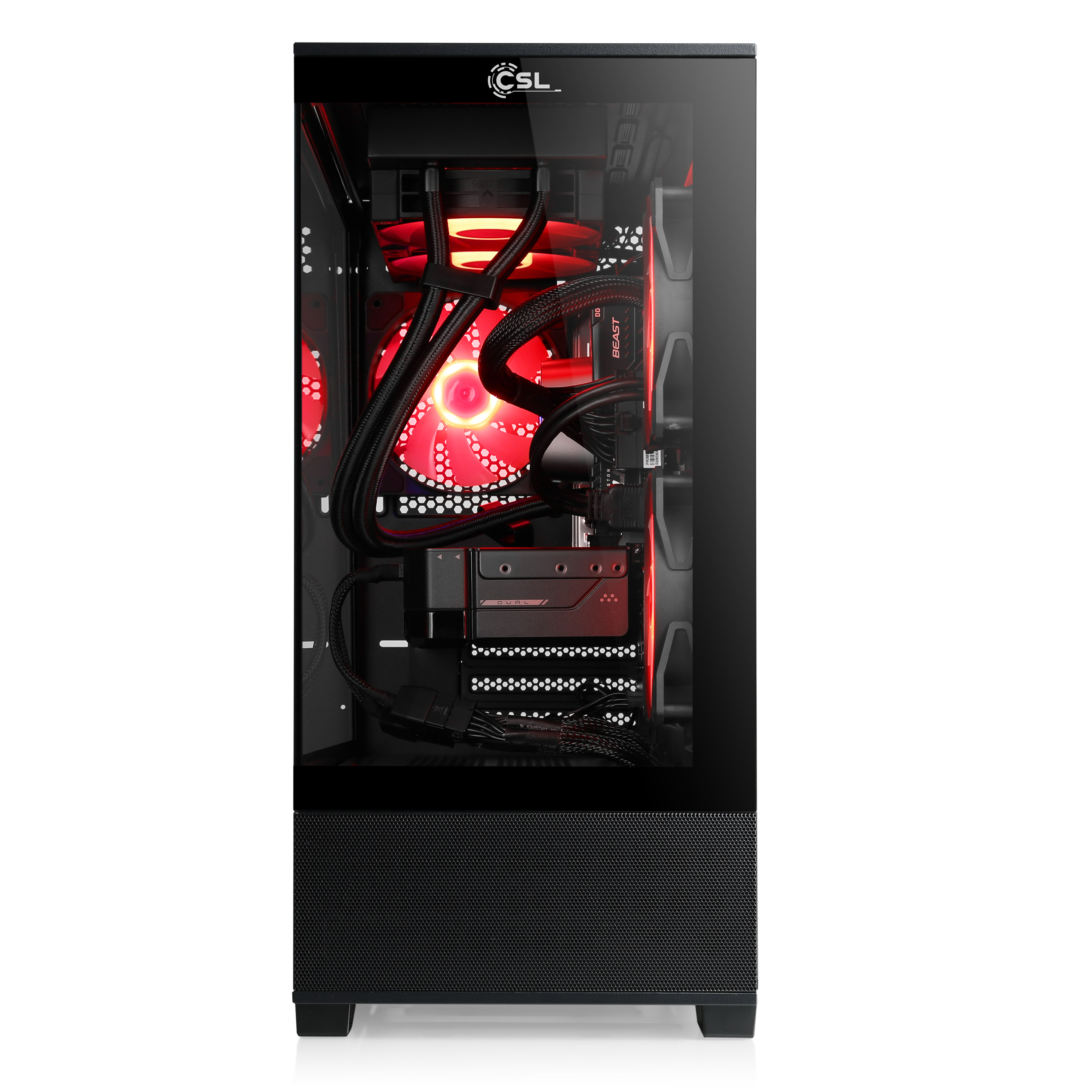 Ein schwarzes Computergehäuse mit Glasfront. Rote Lichter beleuchten das Innere.