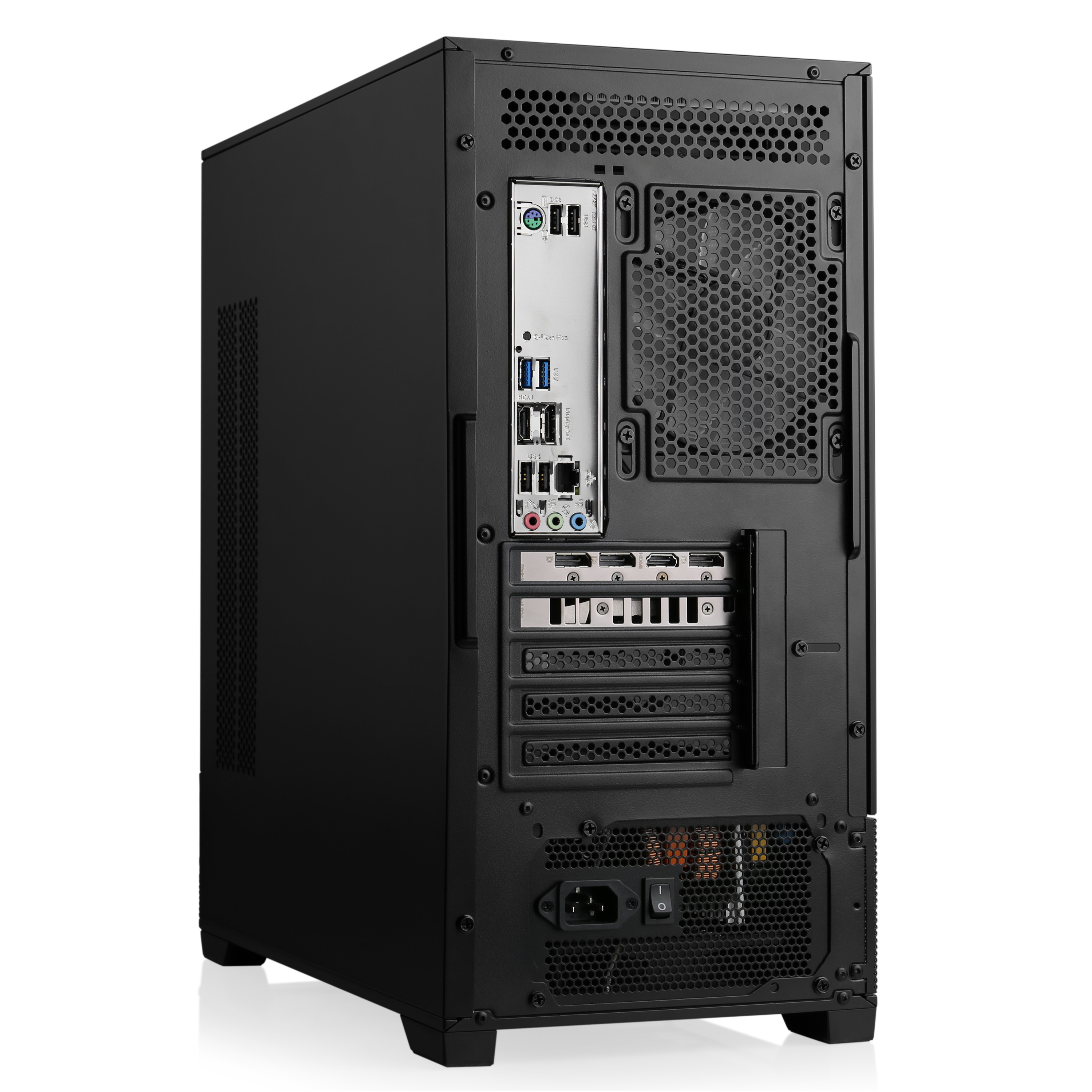 Schwarze Computergehäuserückseite mit Anschlüssen, Lüfter und Netzteil.