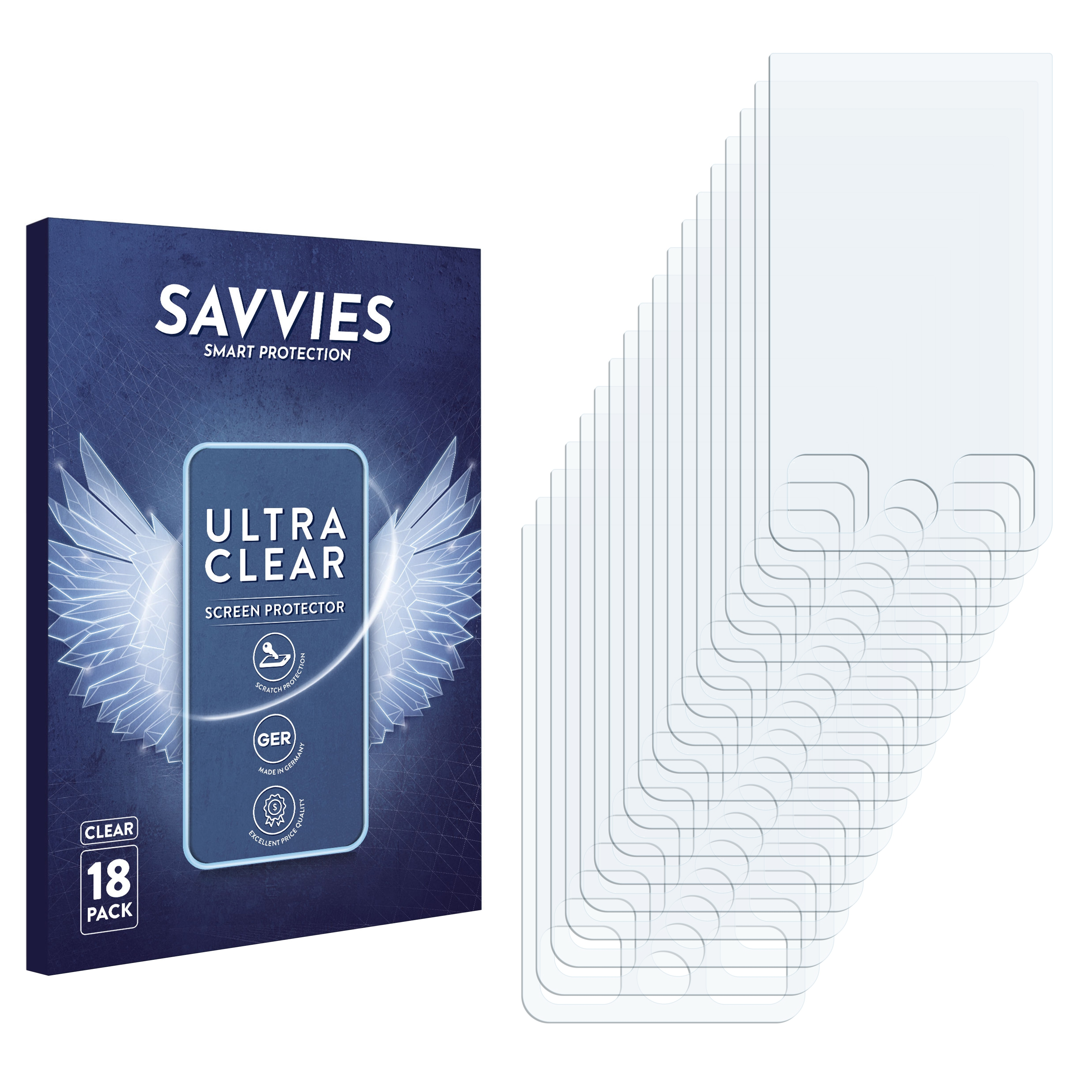 Weiße Displayschutzfolien in einer blau-weißen Verpackung mit Flügelillustration. 18er Pack.