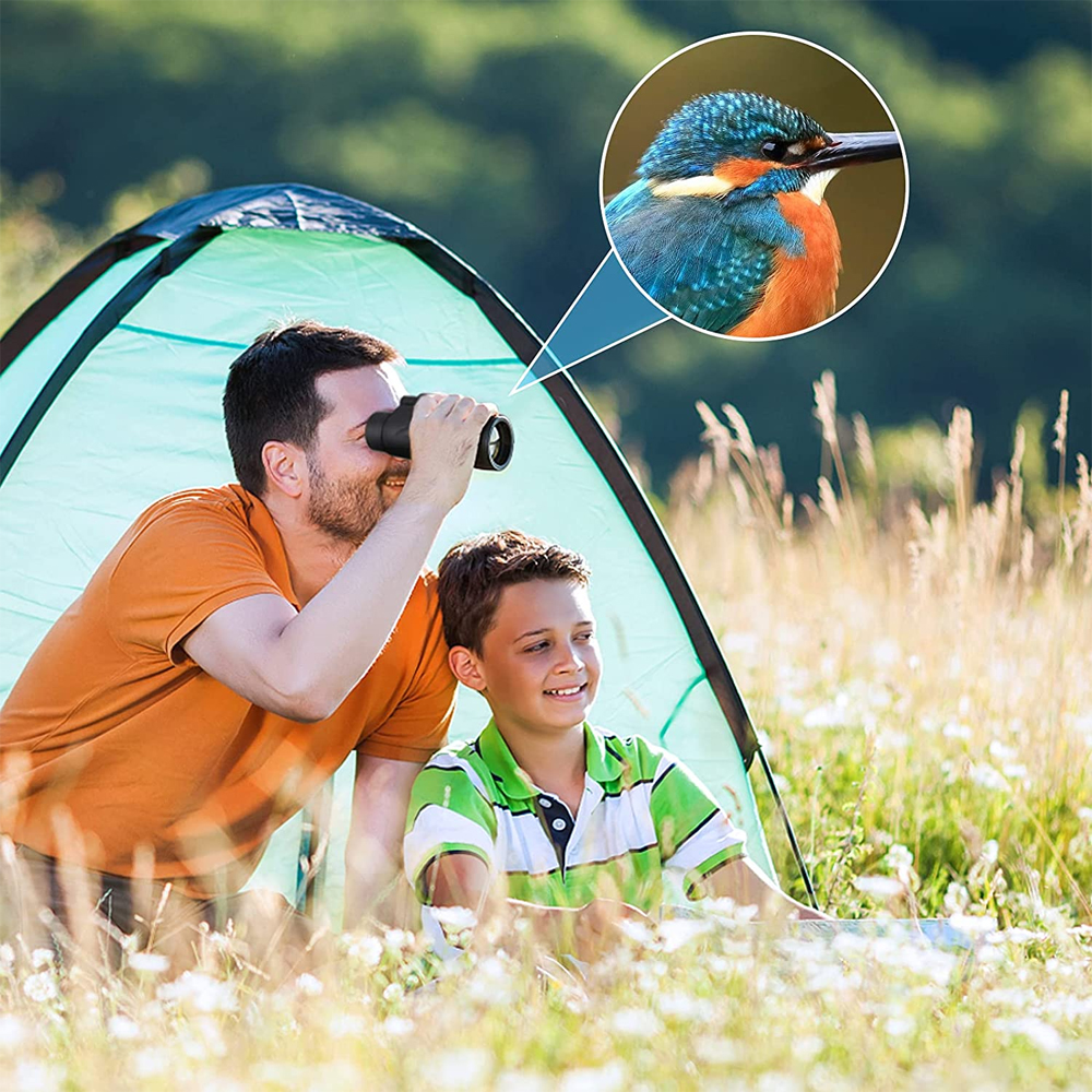 Vater und Sohn betrachten einen Vogel durch ein Monokular. Sie sind auf einem Feld mit Blumen.