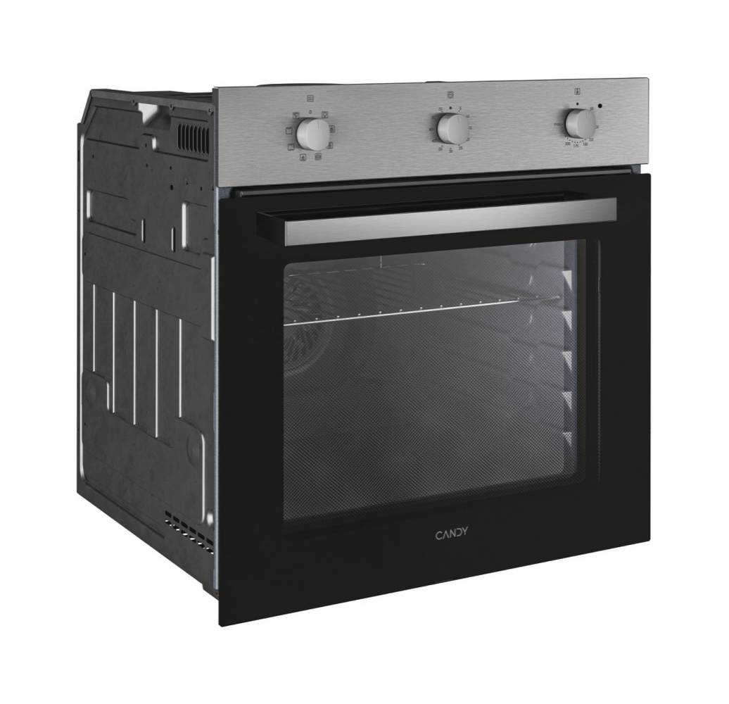 Forno argentato con porta nera, marchio Candy. Tre manopole sopra.