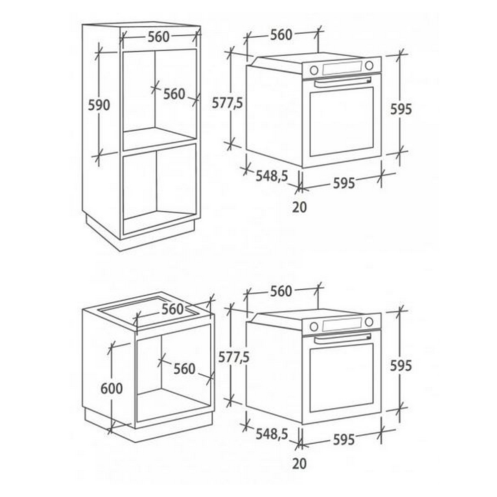 Disegno tecnico di mobile cucina e forno, con dimensioni indicate.