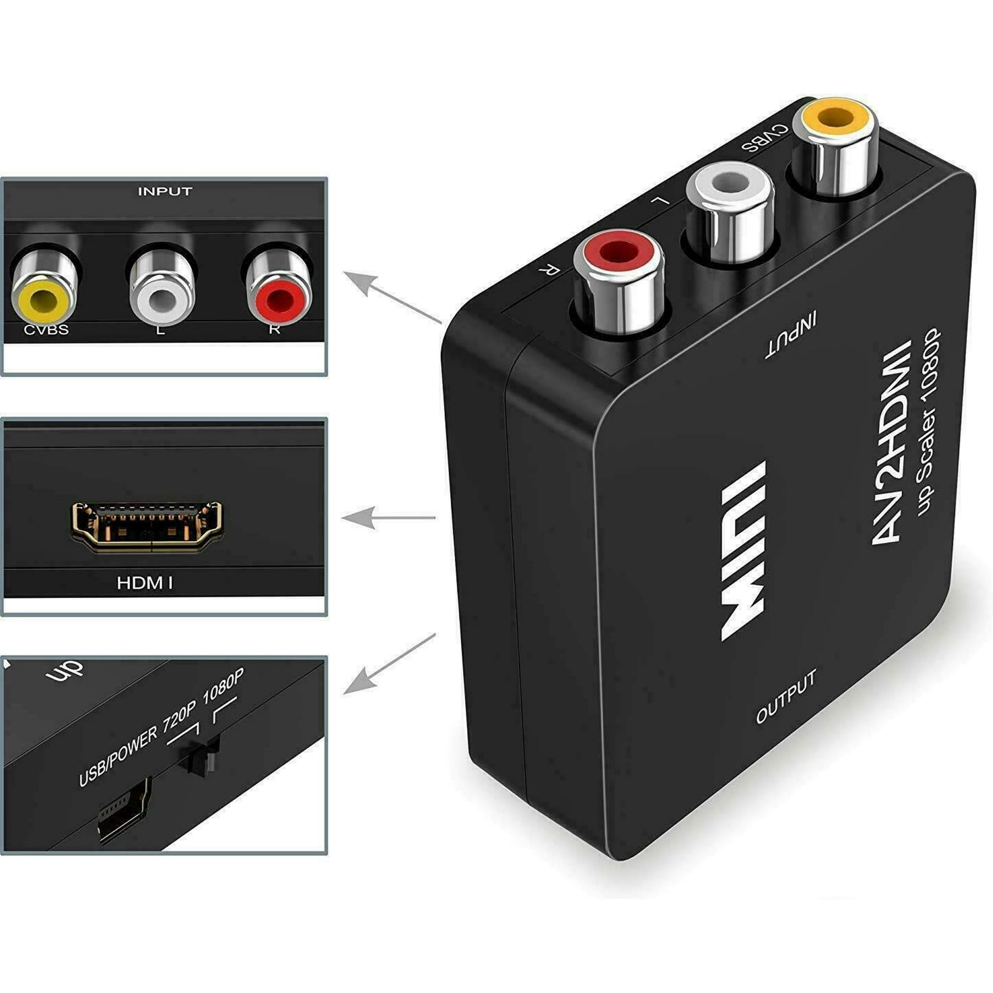 Ein schwarzer AV-zu-HDMI-Upscaler mit Eingangs- und Ausgangsanschlüssen, auf weißem Hintergrund. Nahaufnahme der Anschlüsse.