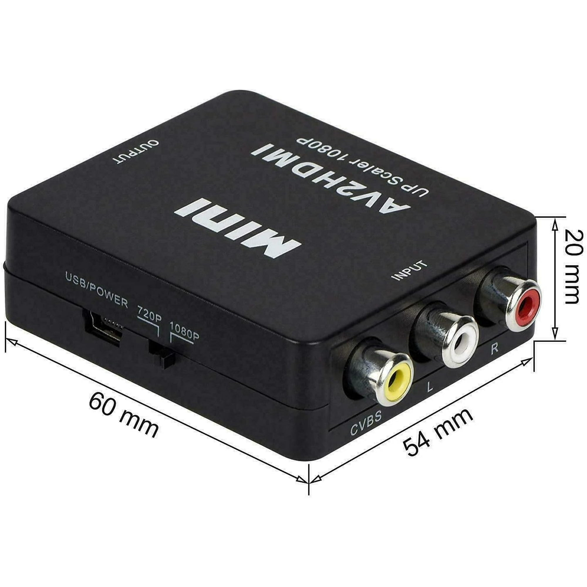 Schwarzer AV2HDMI-Upscaler mit Maßangaben und Ein-/Ausgängen.