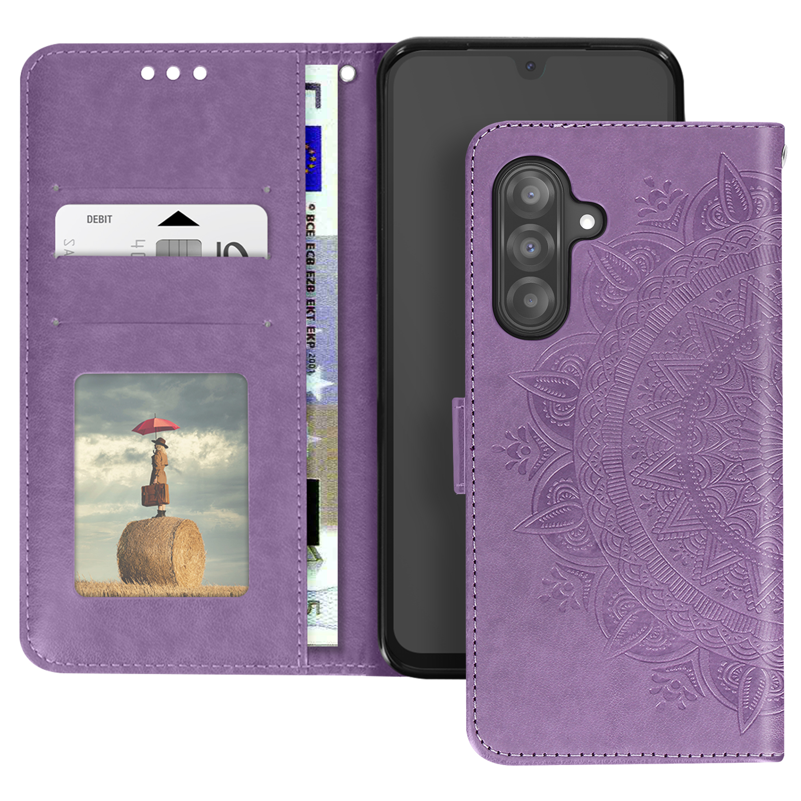 Custodia a portafoglio per telefono viola, aperta per visualizzare telefono, carta di debito e documento d'identità. Immagine surreale.